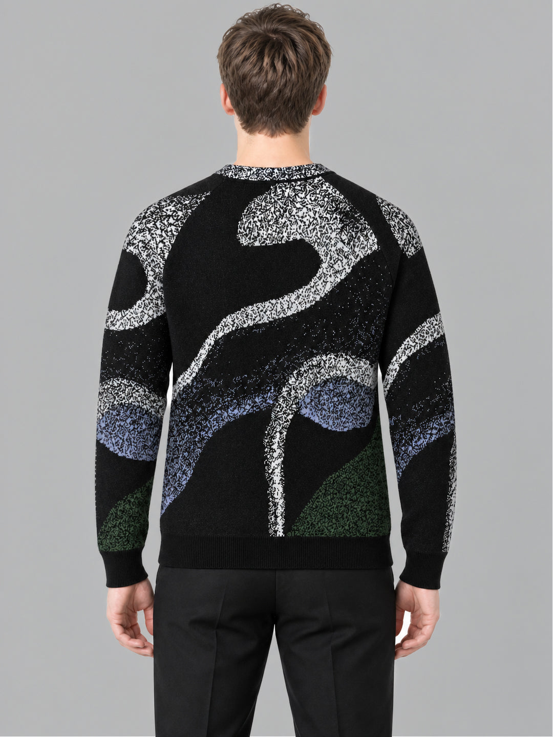 Men Black Jacquard Round Neck Full Sleeve Pullover