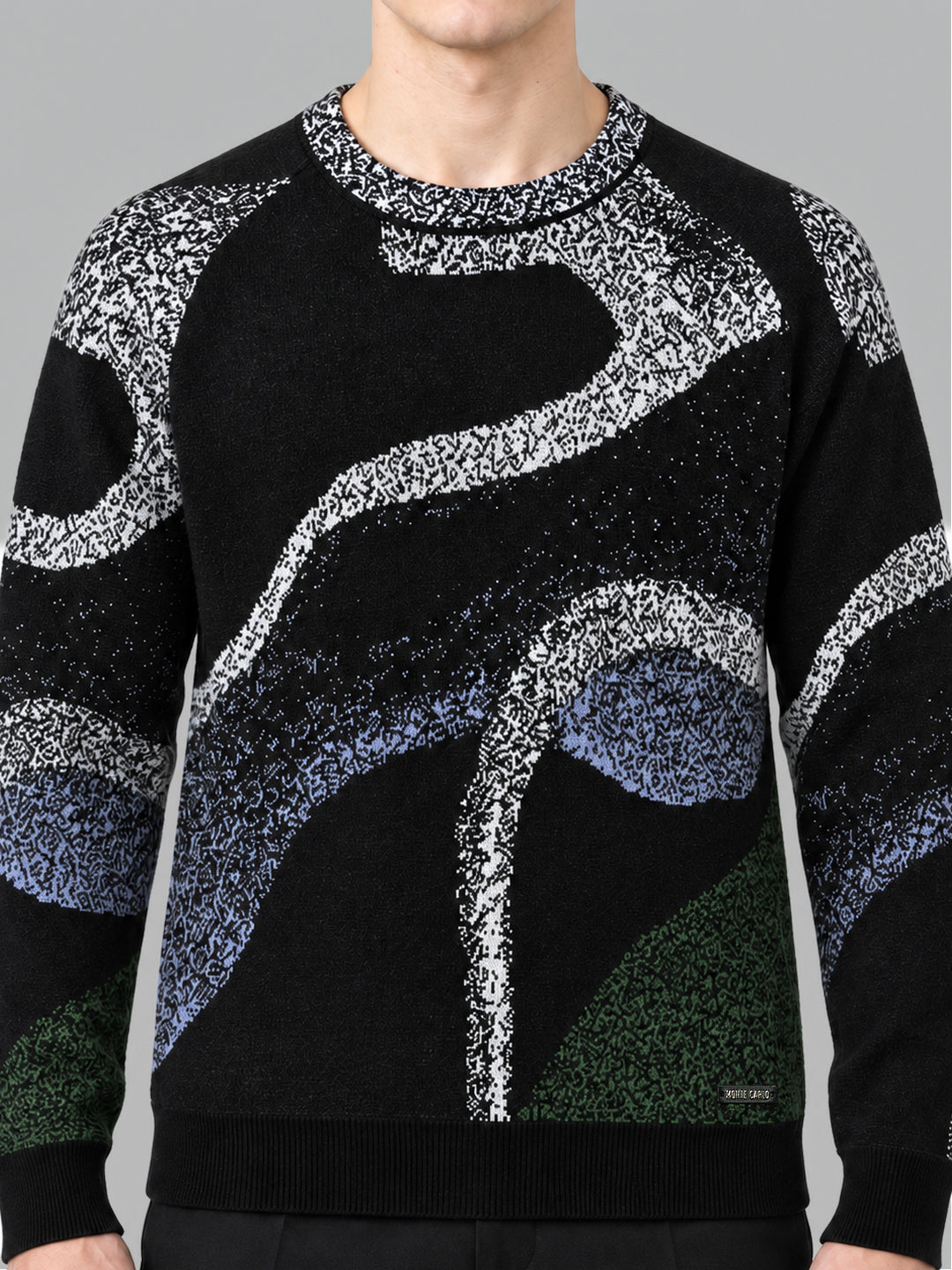 Men Black Jacquard Round Neck Full Sleeve Pullover