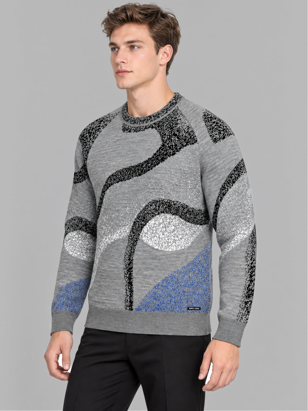 Men Grey Jacquard Round Neck Full Sleeve Pullover