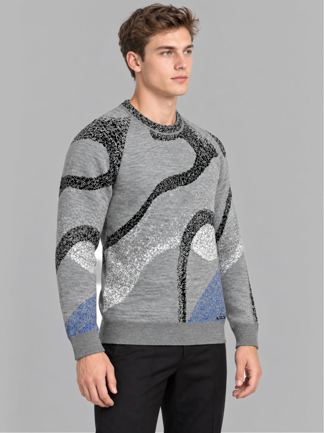 Men Grey Jacquard Round Neck Full Sleeve Pullover