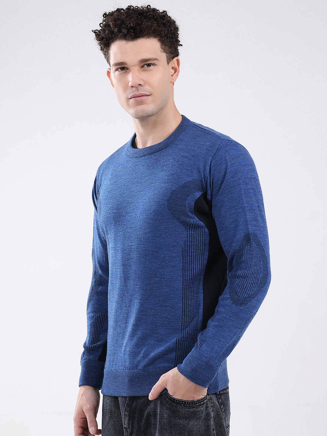 Men Blue Solid Round Neck Full Sleeve Pullover