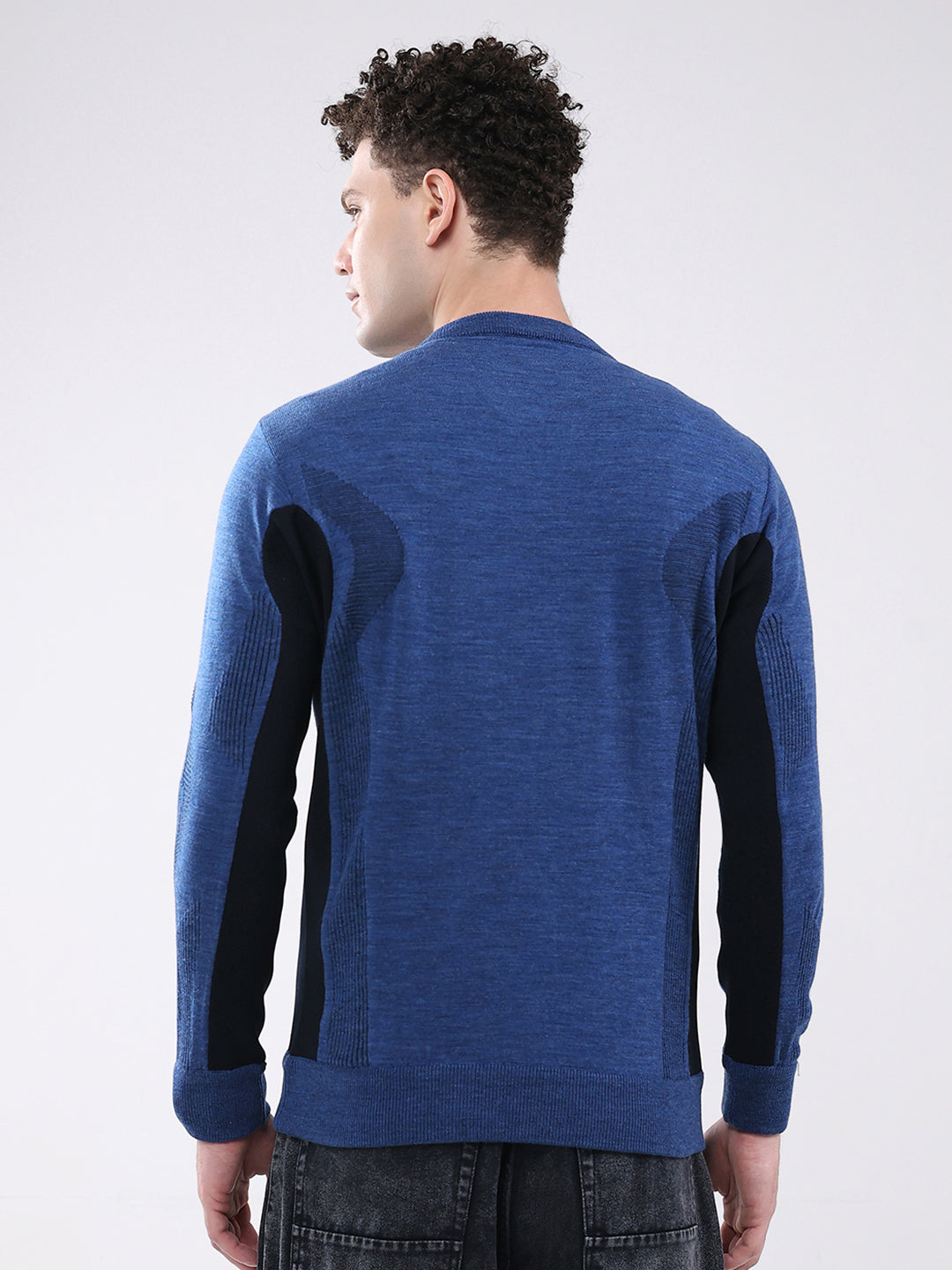 Men Blue Solid Round Neck Full Sleeve Pullover