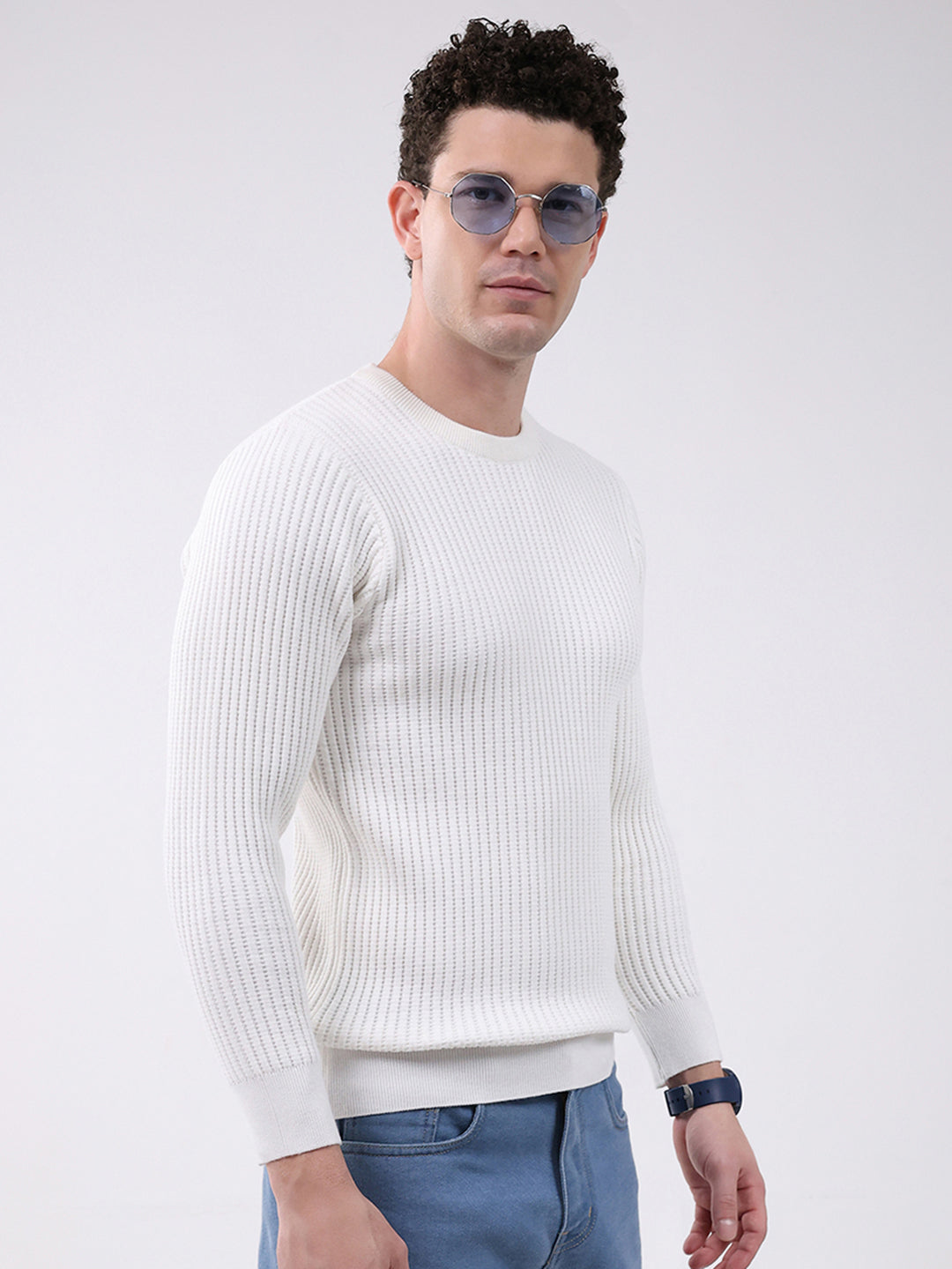 Men White Self Design Round Neck Full Sleeve Pullover