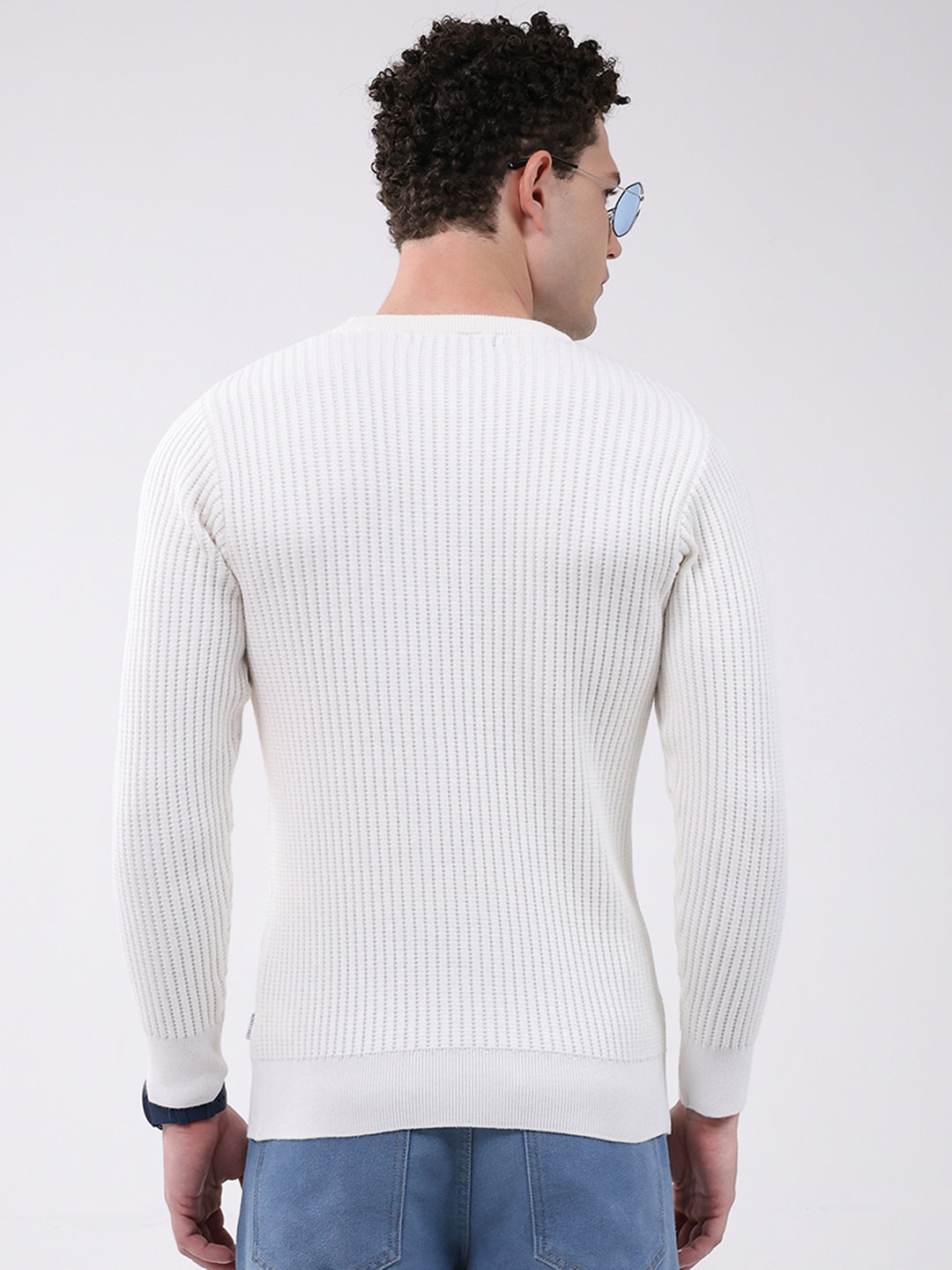 Men White Self Design Round Neck Full Sleeve Pullover