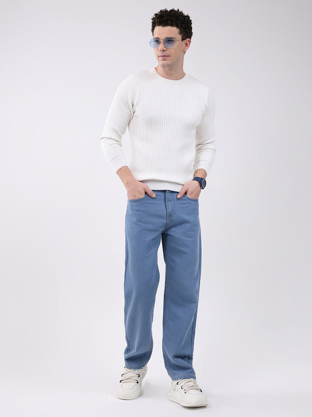 Men White Self Design Round Neck Full Sleeve Pullover
