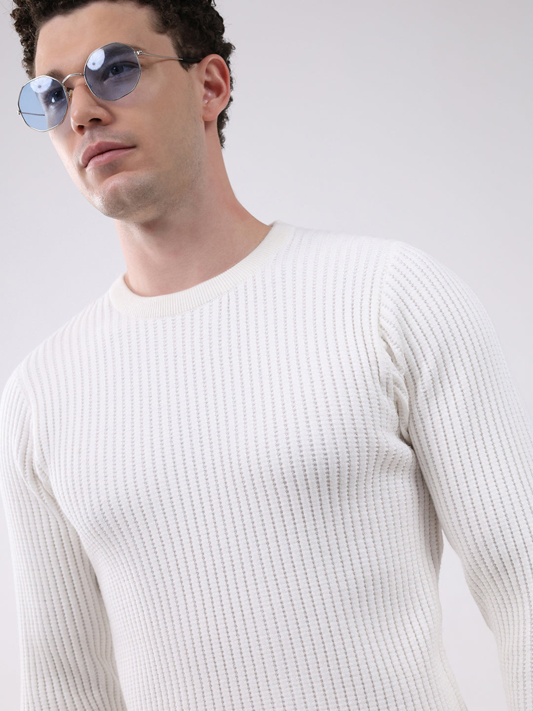Men White Self Design Round Neck Full Sleeve Pullover