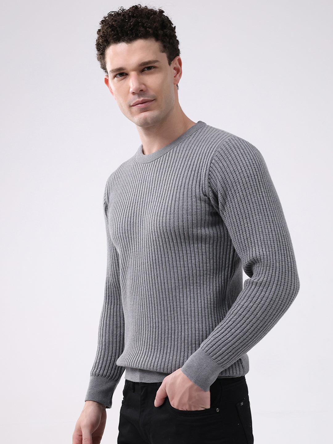 Men Grey Self Design Round Neck Full Sleeve Pullover