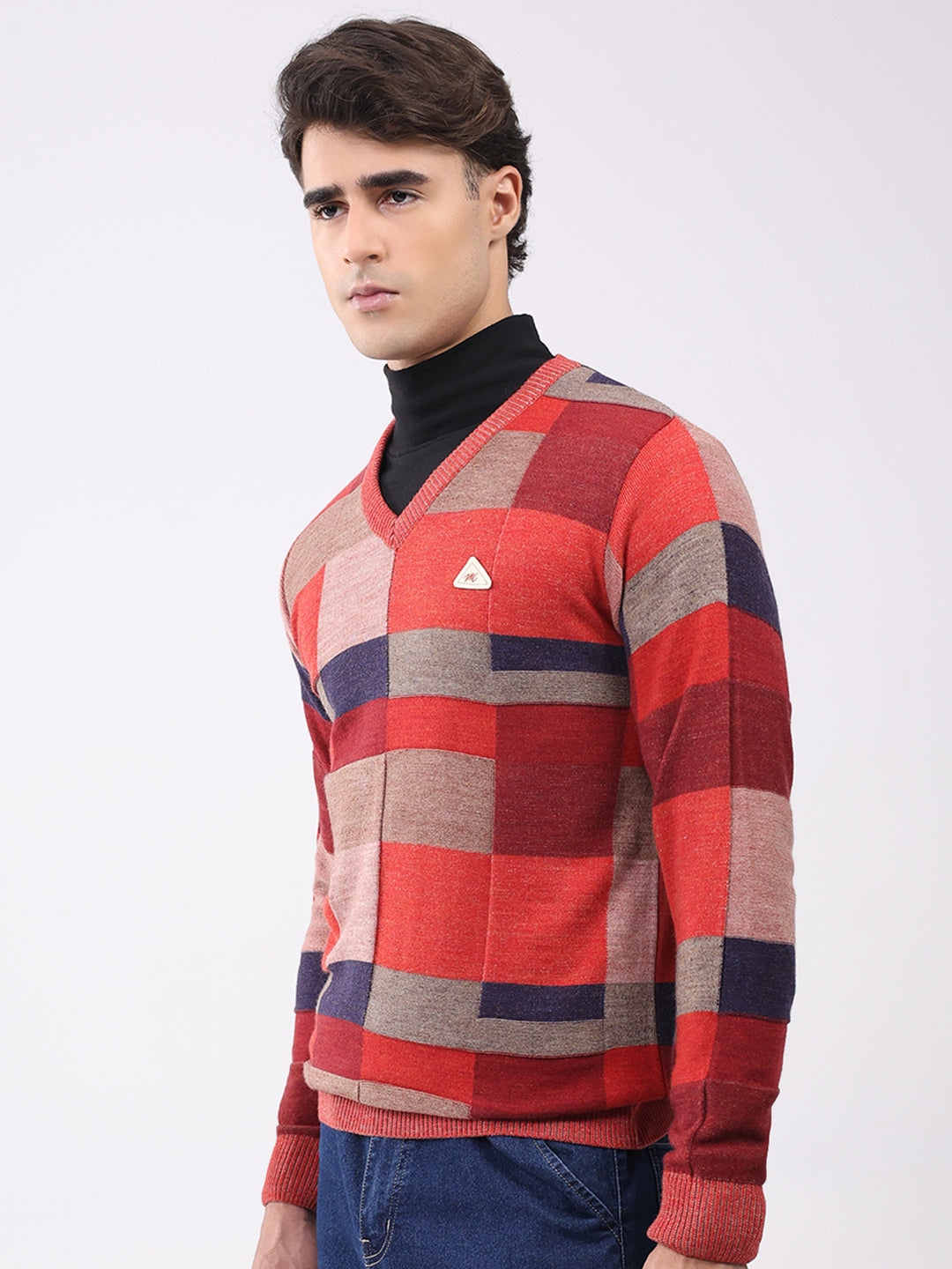 Men Pink Printed V Neck Full Sleeve Pullover