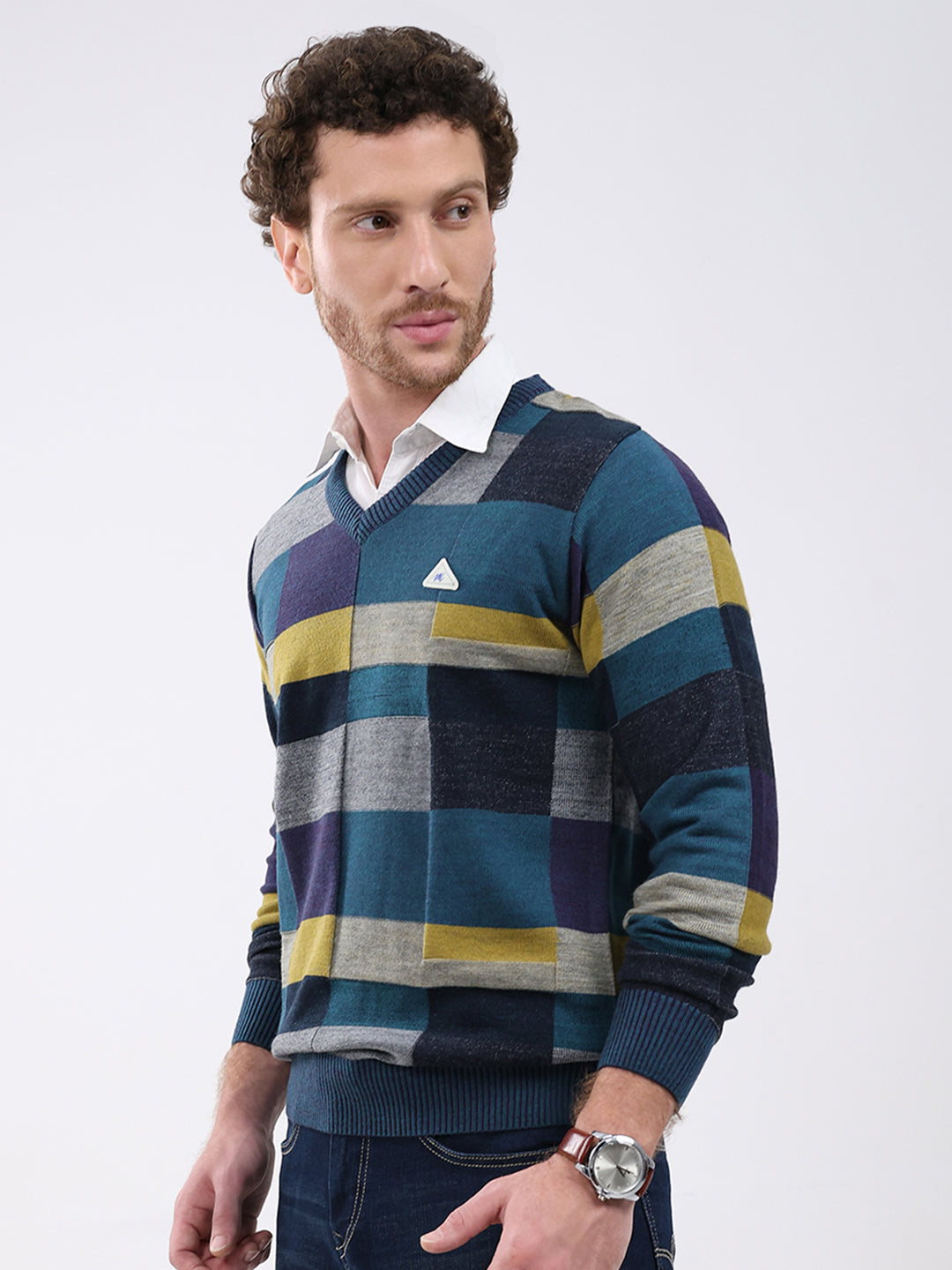 Men Teal Blue Self Design V Neck Full Sleeve Pullover