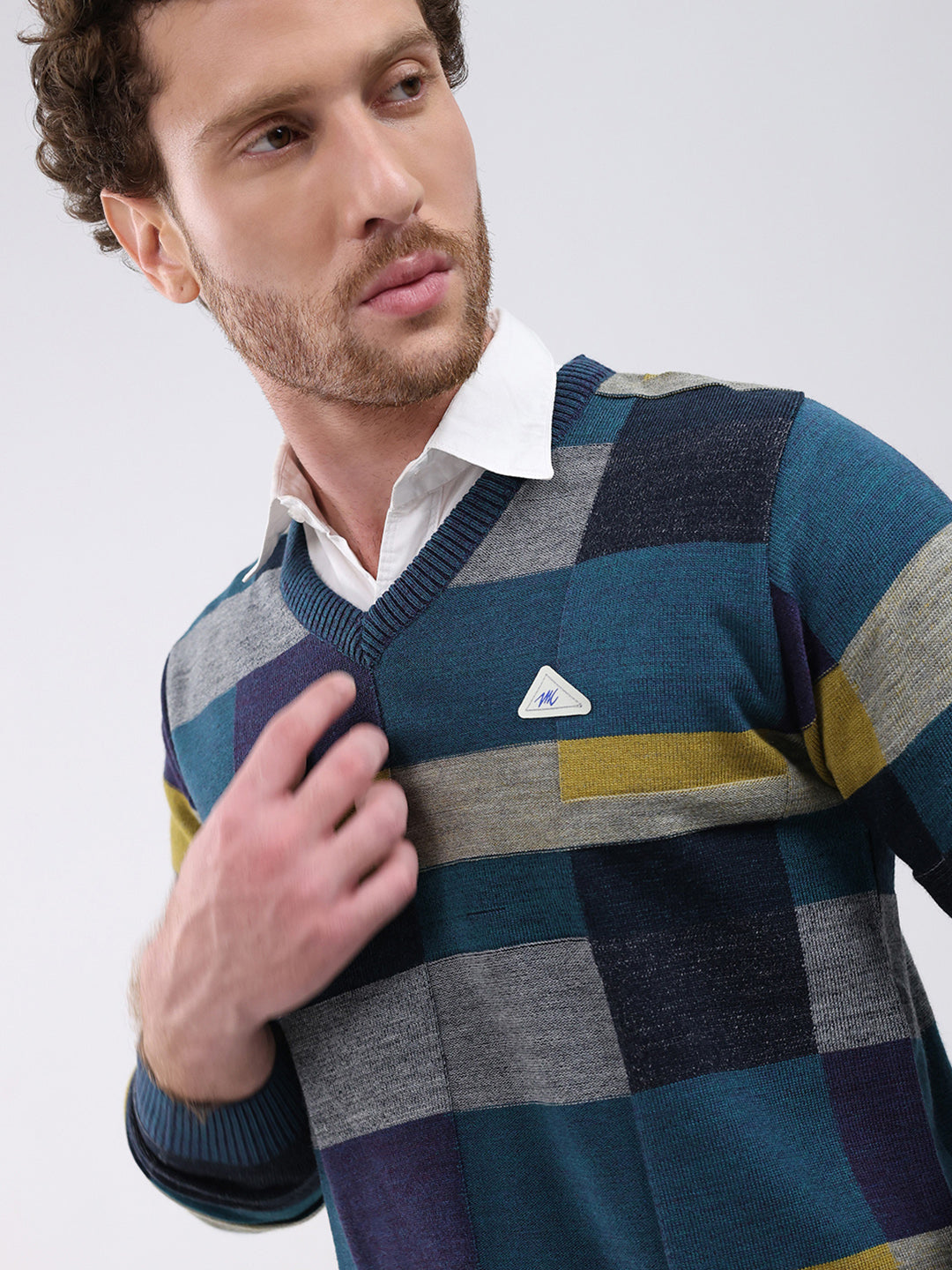 Men Teal Blue Self Design V Neck Full Sleeve Pullover