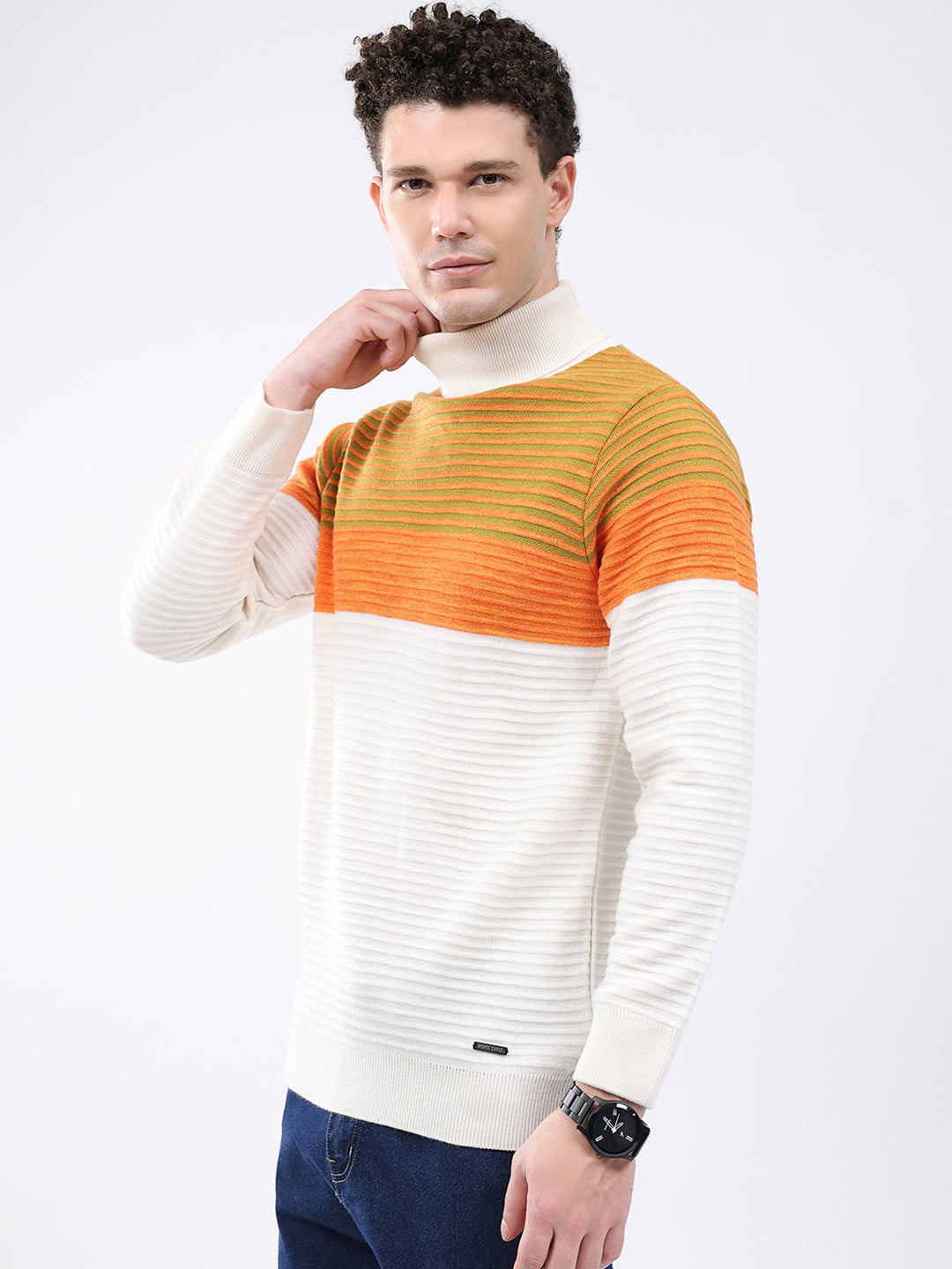 Men White & Orange Self Design High Neck Full Sleeve Pullover