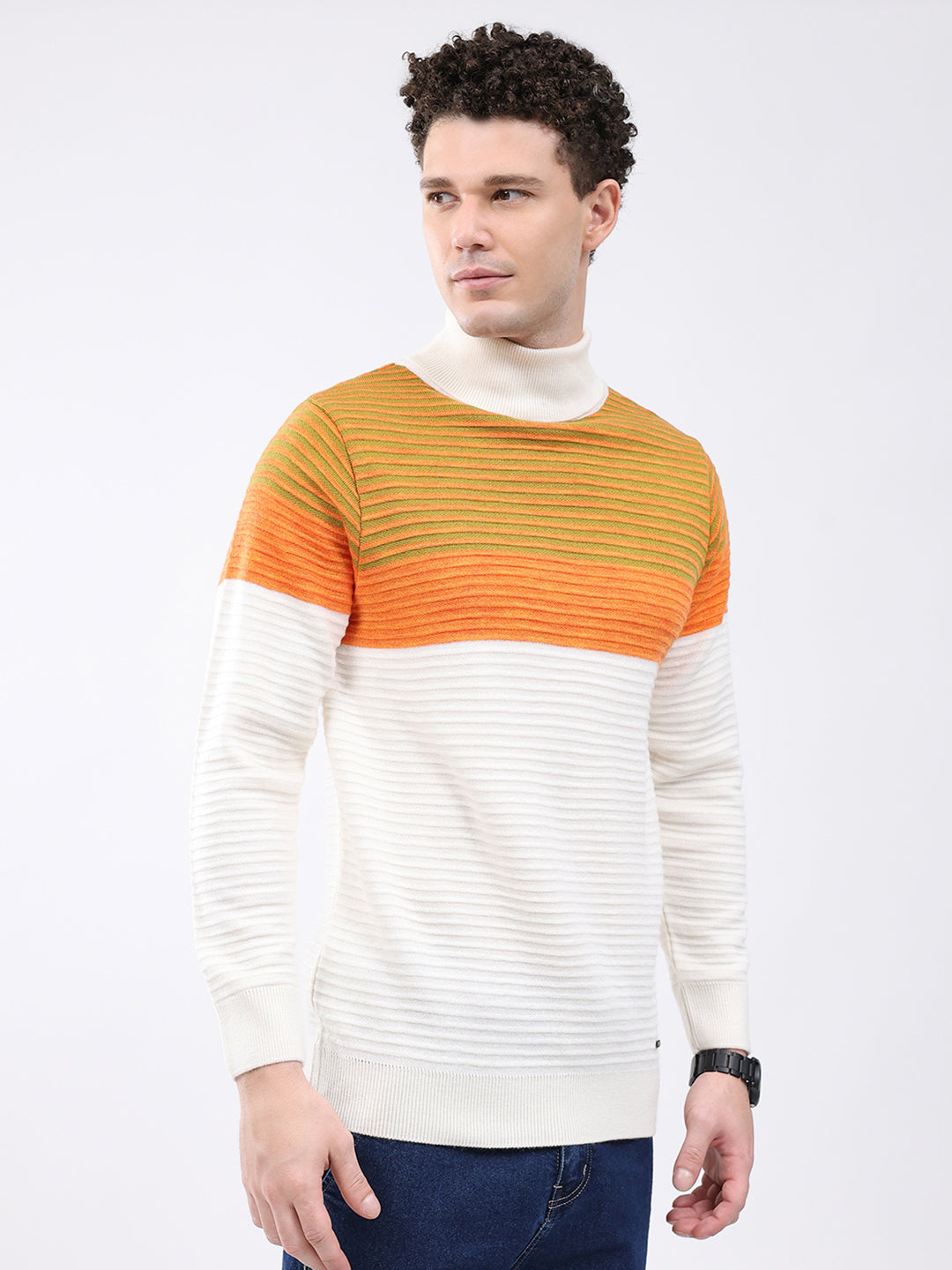 Men White & Orange Self Design High Neck Full Sleeve Pullover