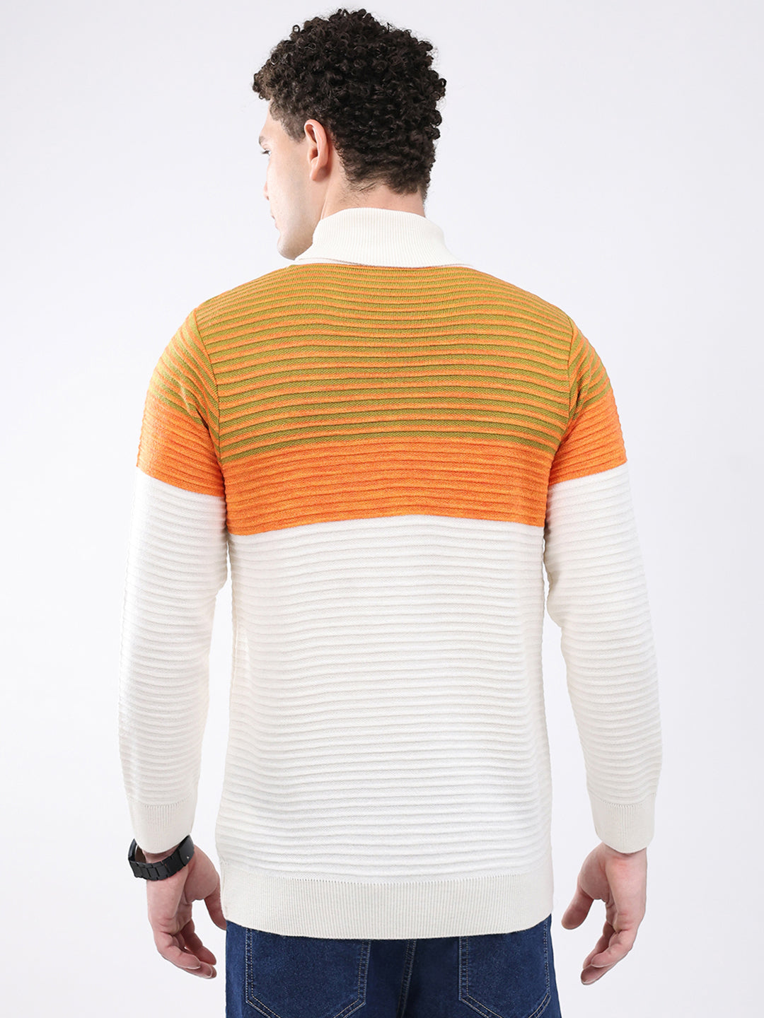Men White & Orange Self Design High Neck Full Sleeve Pullover