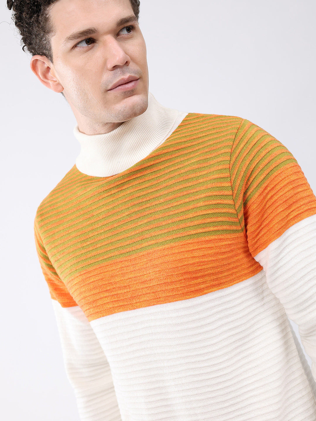 Men White & Orange Self Design High Neck Full Sleeve Pullover