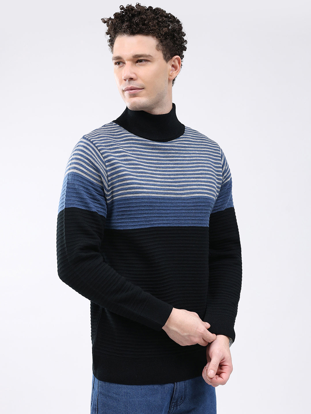 Men Black Self Design High Neck Full Sleeve Pullover