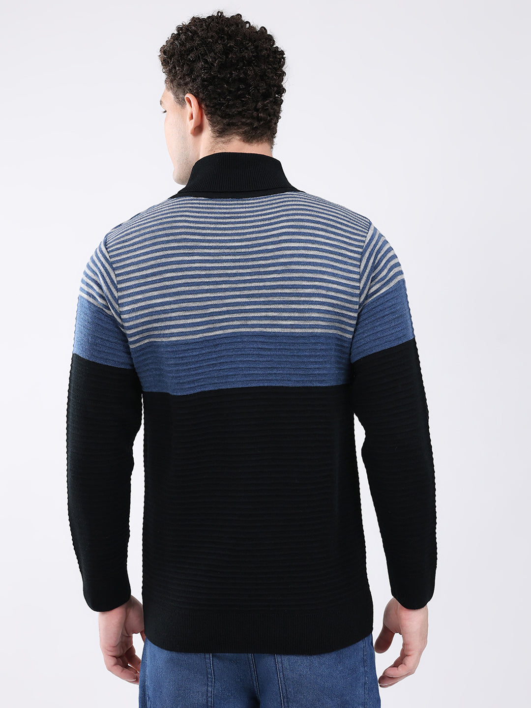 Men Black Self Design High Neck Full Sleeve Pullover