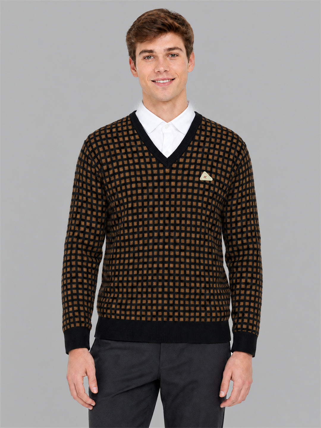 Men Brown Designer V Neck Full Sleeve Pullover