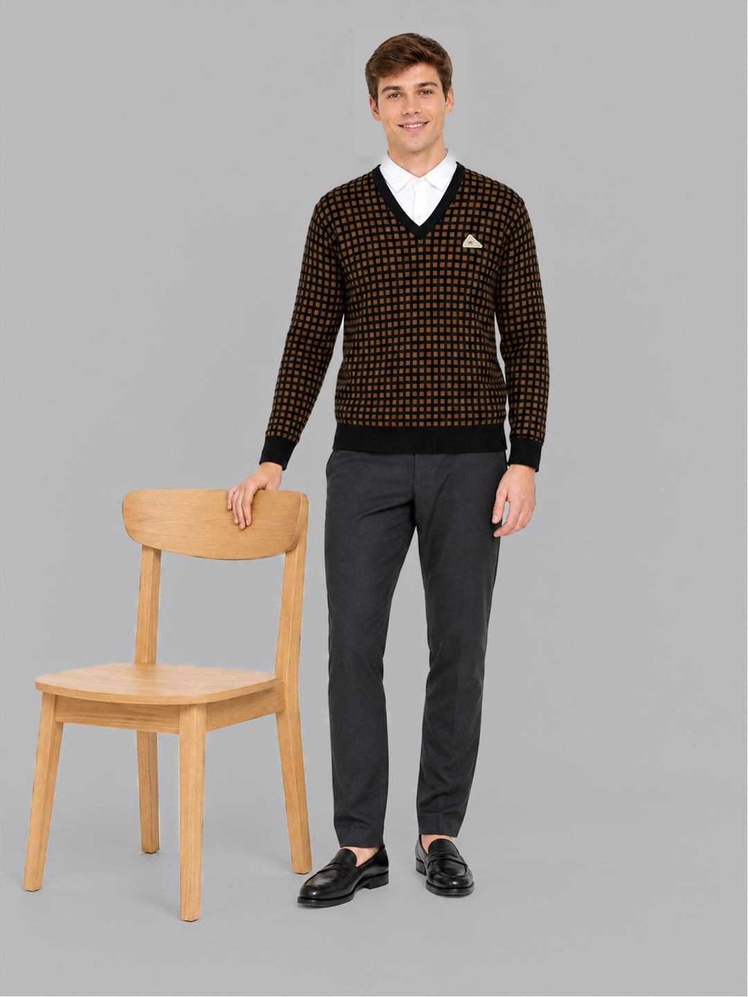 Men Brown Designer V Neck Full Sleeve Pullover