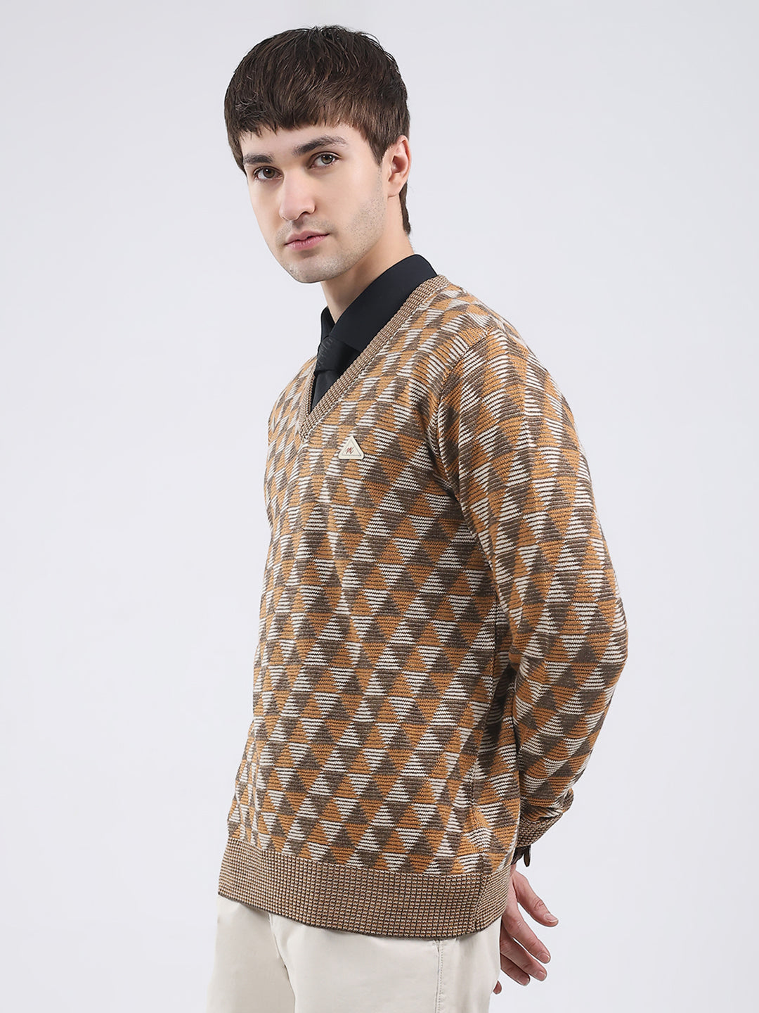Men Brown Self Design V Neck Full Sleeve Pullover