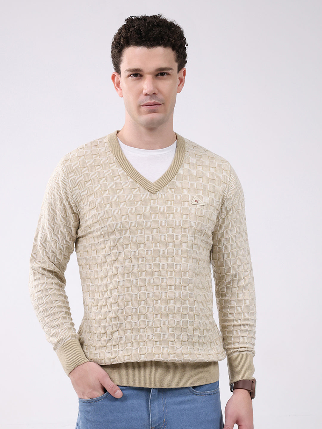 Men Beige Self Design V Neck Full Sleeve Pullover