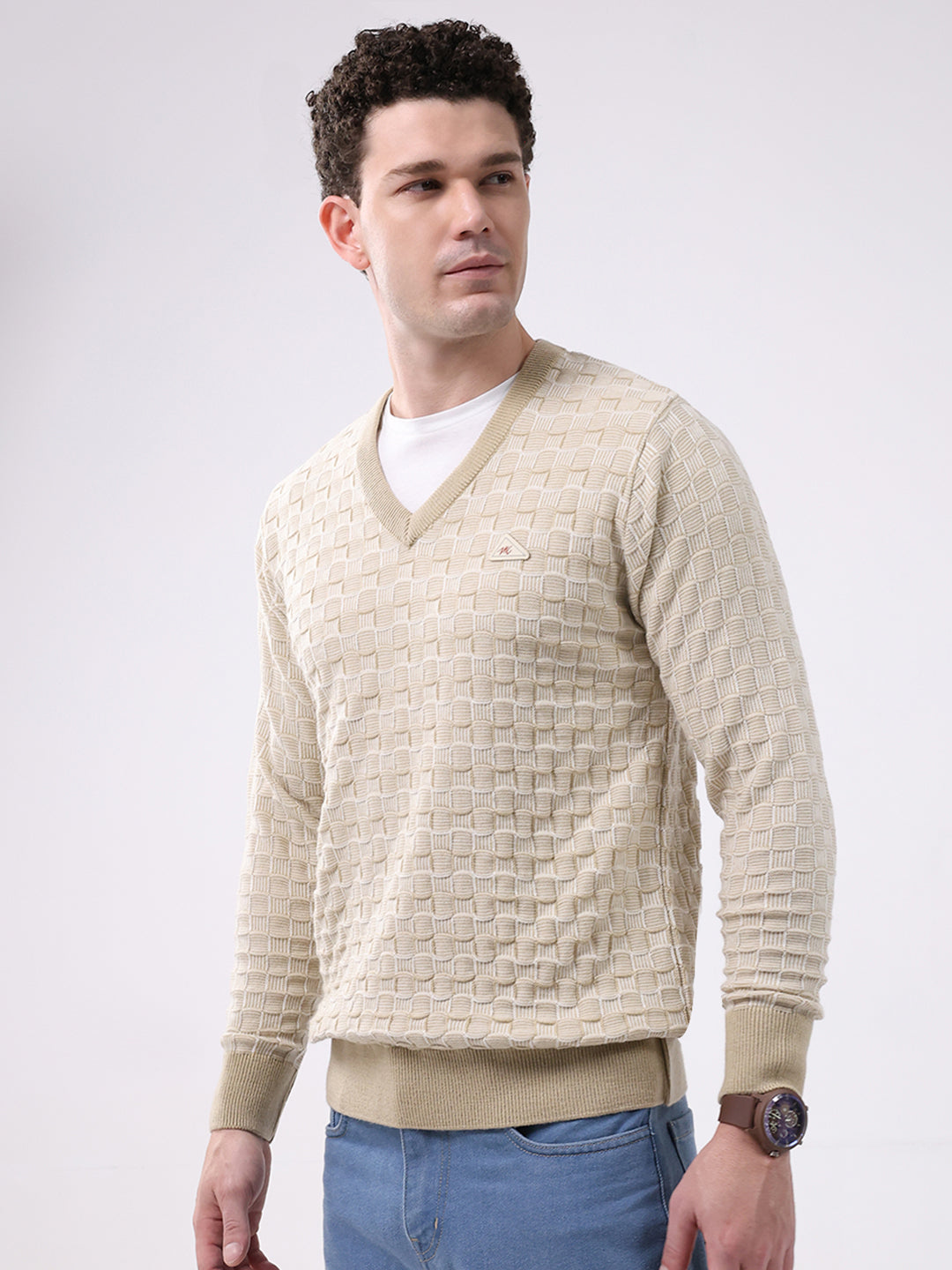 Men Beige Self Design V Neck Full Sleeve Pullover