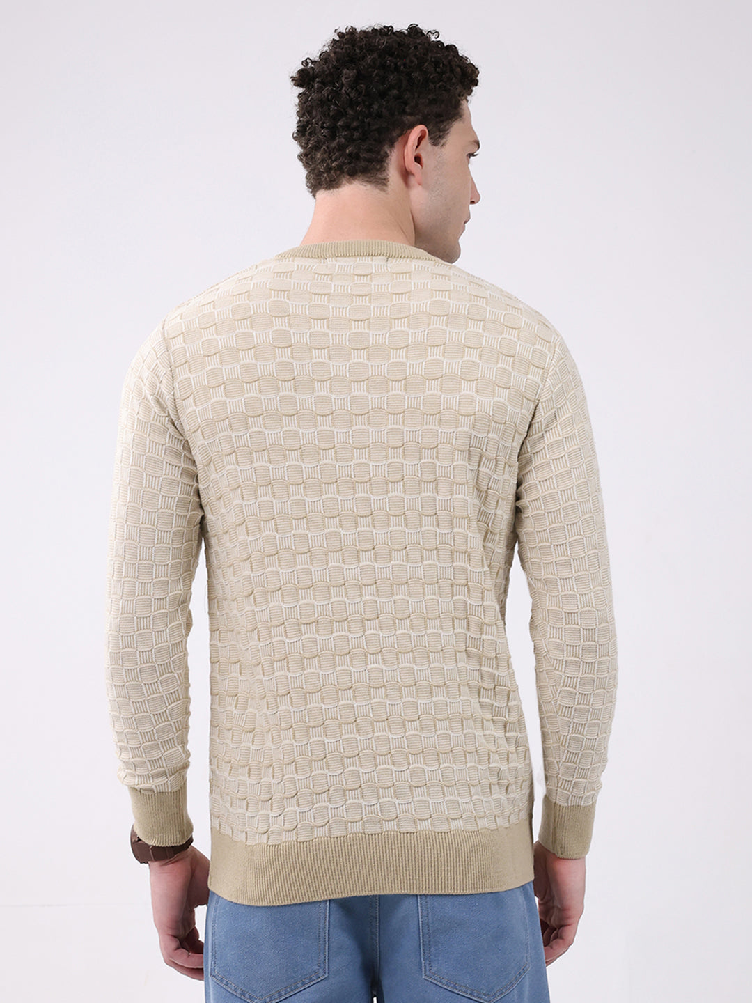 Men Beige Self Design V Neck Full Sleeve Pullover