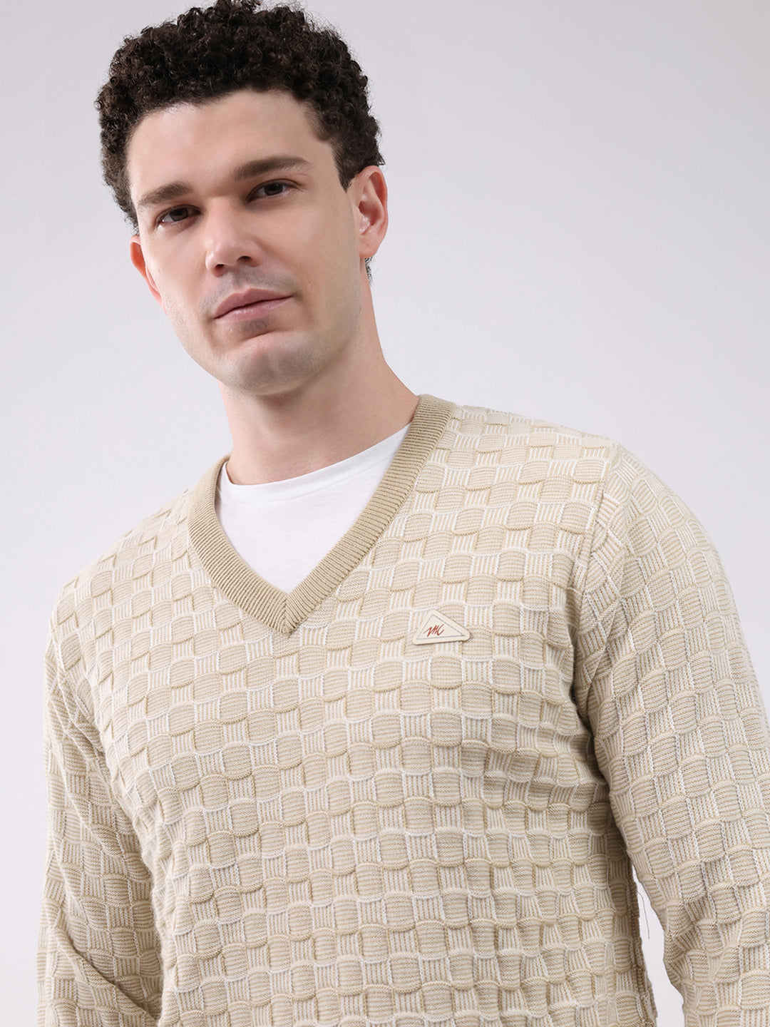 Men Beige Self Design V Neck Full Sleeve Pullover