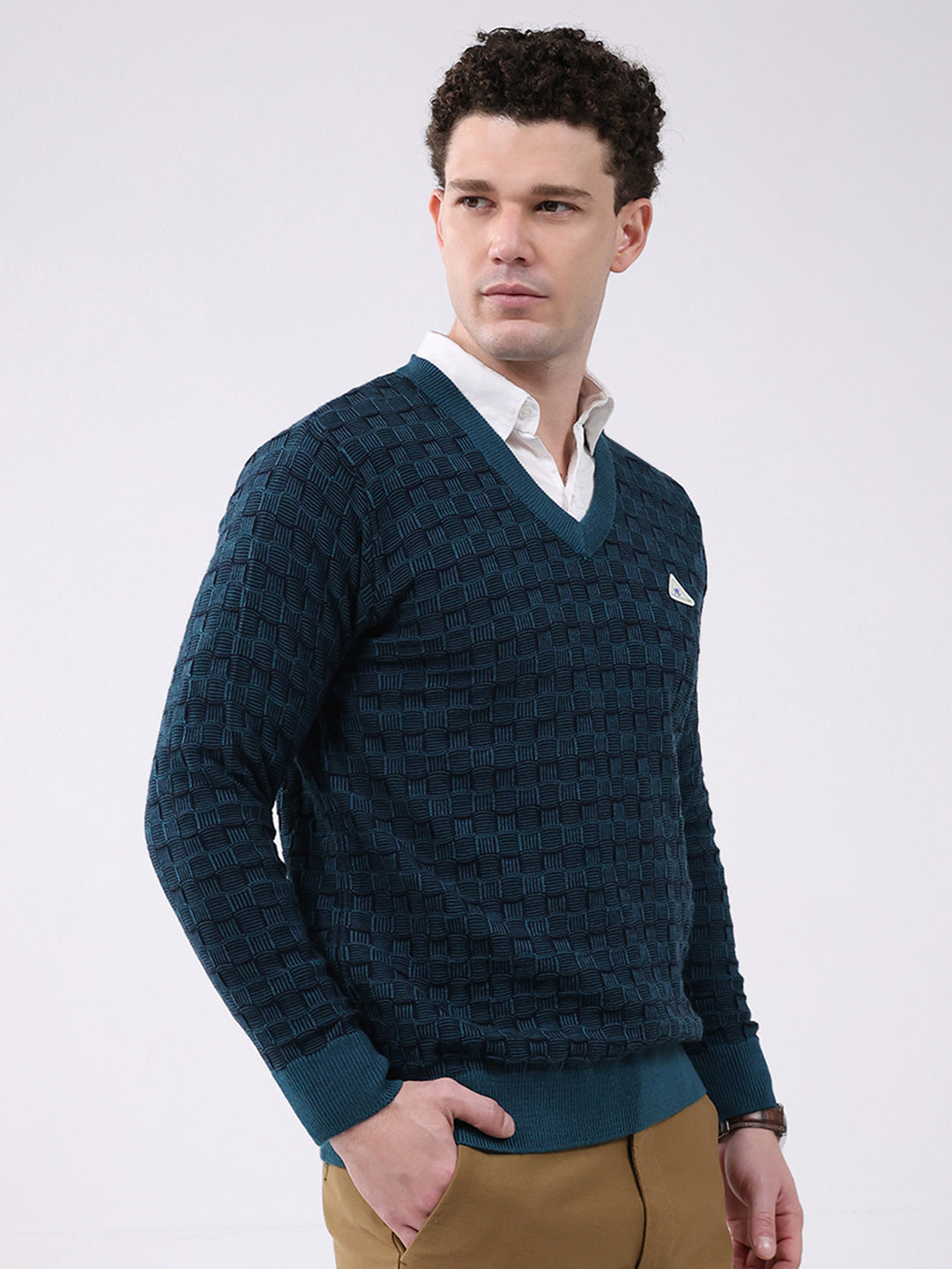 Men Green Self Design V Neck Full Sleeve Pullover