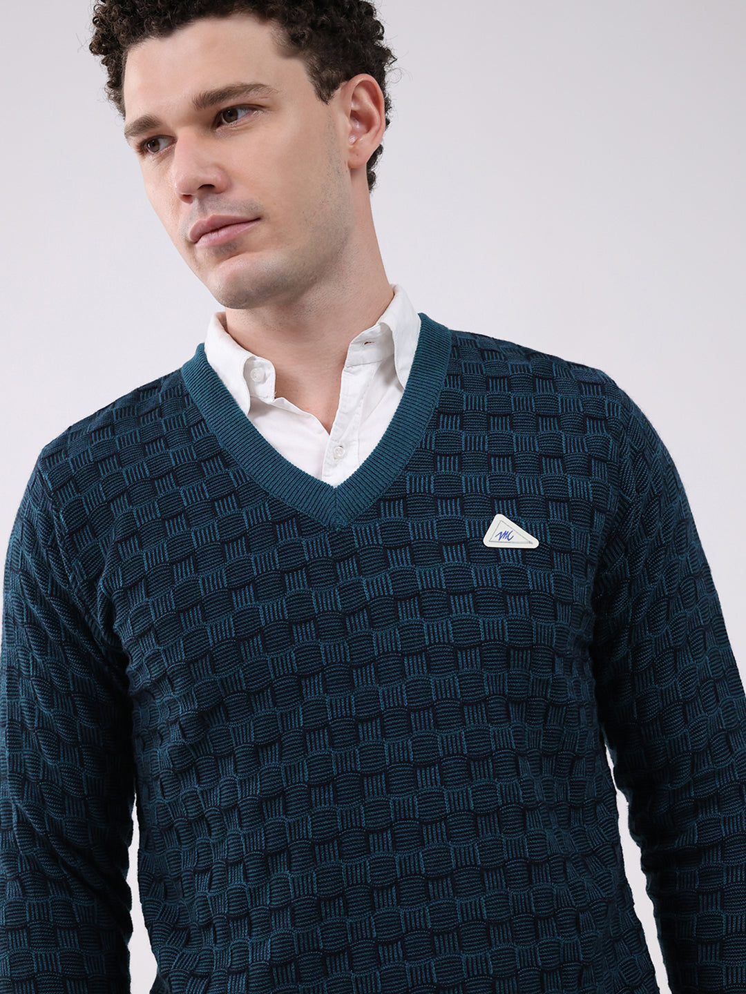 Men Green Self Design V Neck Full Sleeve Pullover