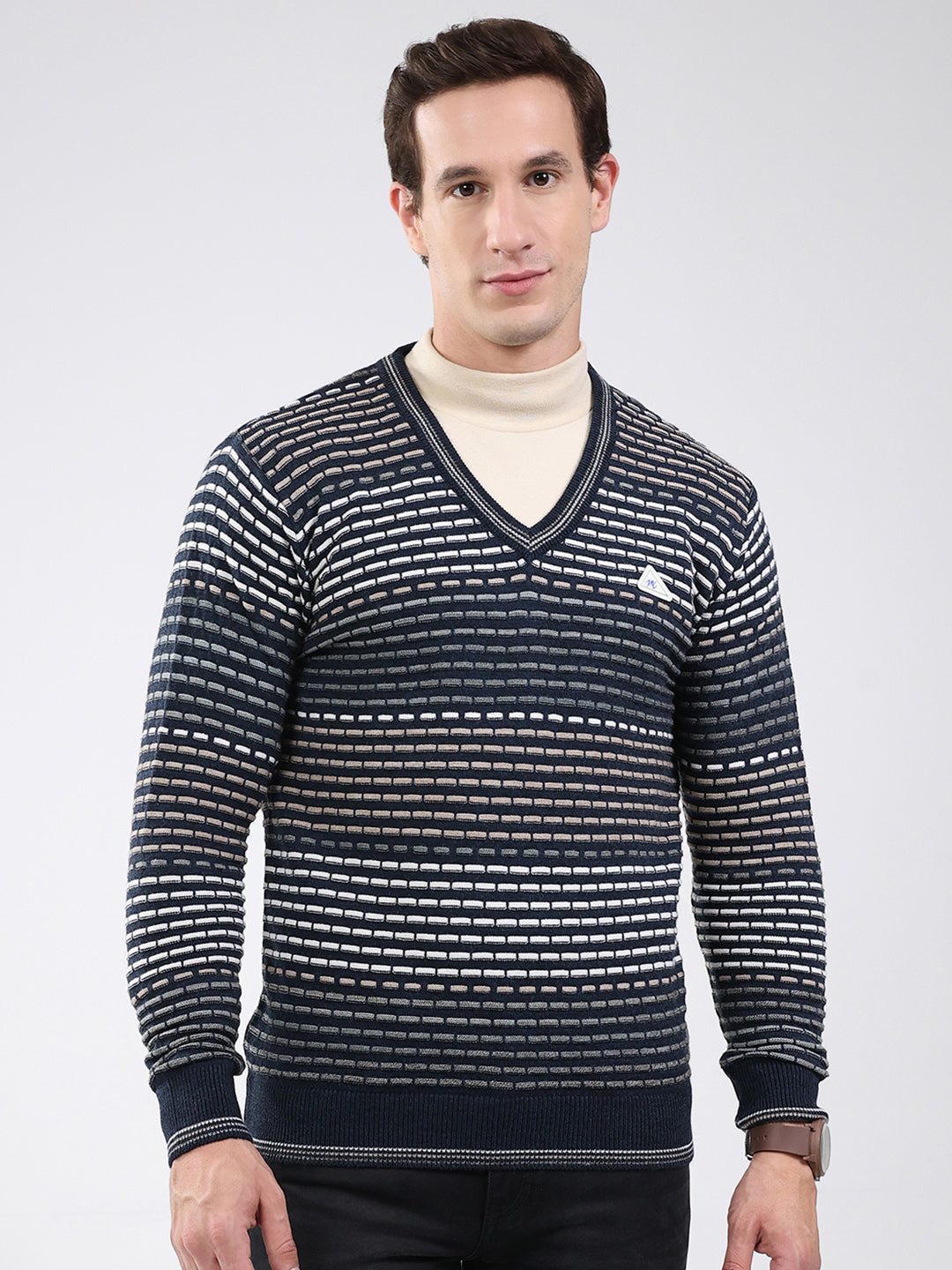 Men Navy Blue Stripe V Neck Full Sleeve Pullover