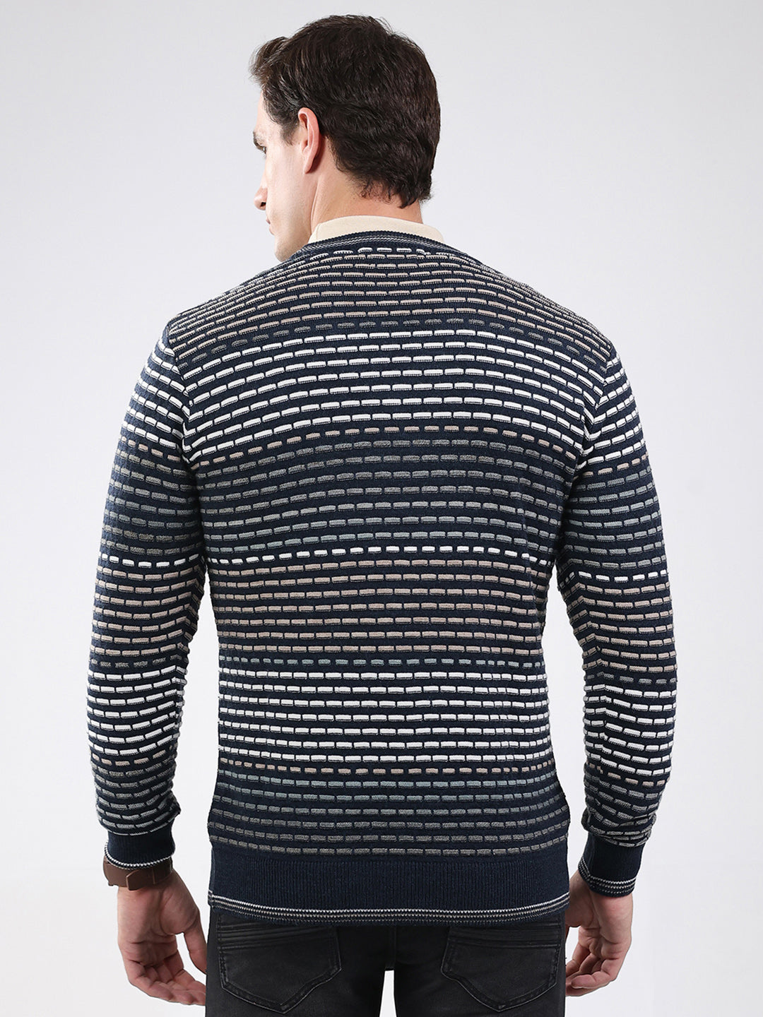 Men Navy Blue Stripe V Neck Full Sleeve Pullover