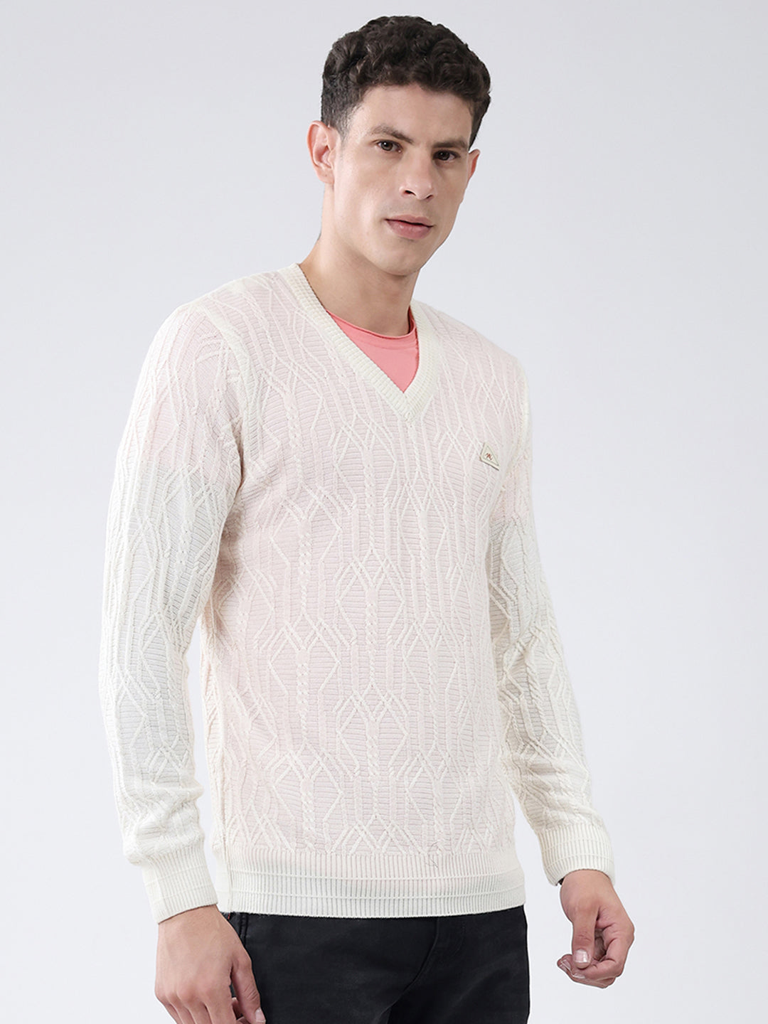 Men Off White Self Design V Neck Full Sleeve Pullover