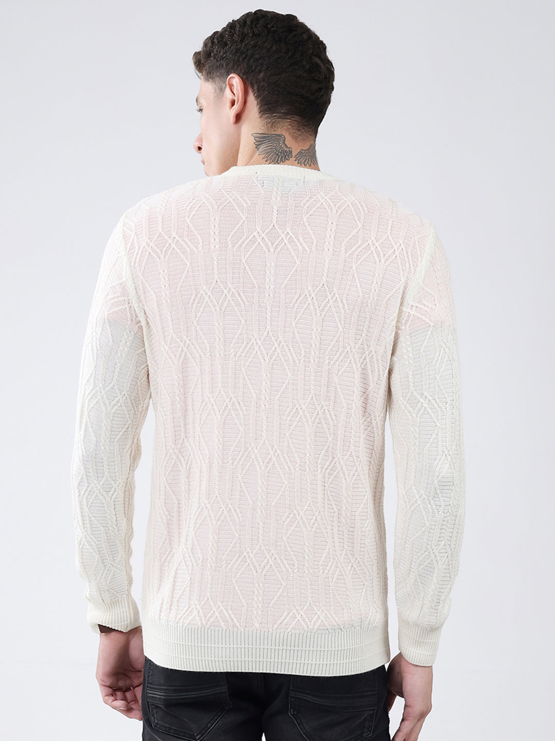 Men Off White Self Design V Neck Full Sleeve Pullover