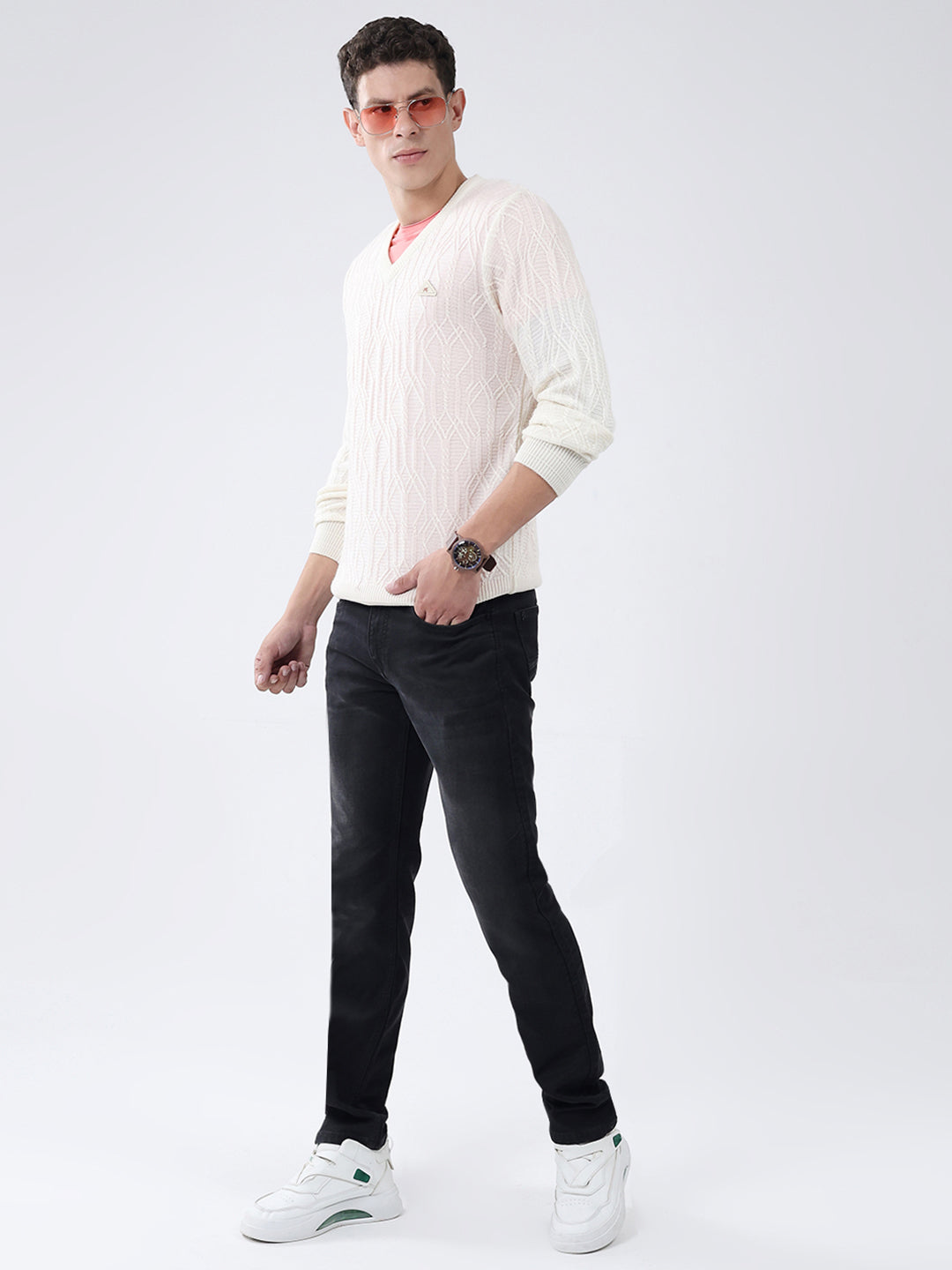 Men Off White Self Design V Neck Full Sleeve Pullover