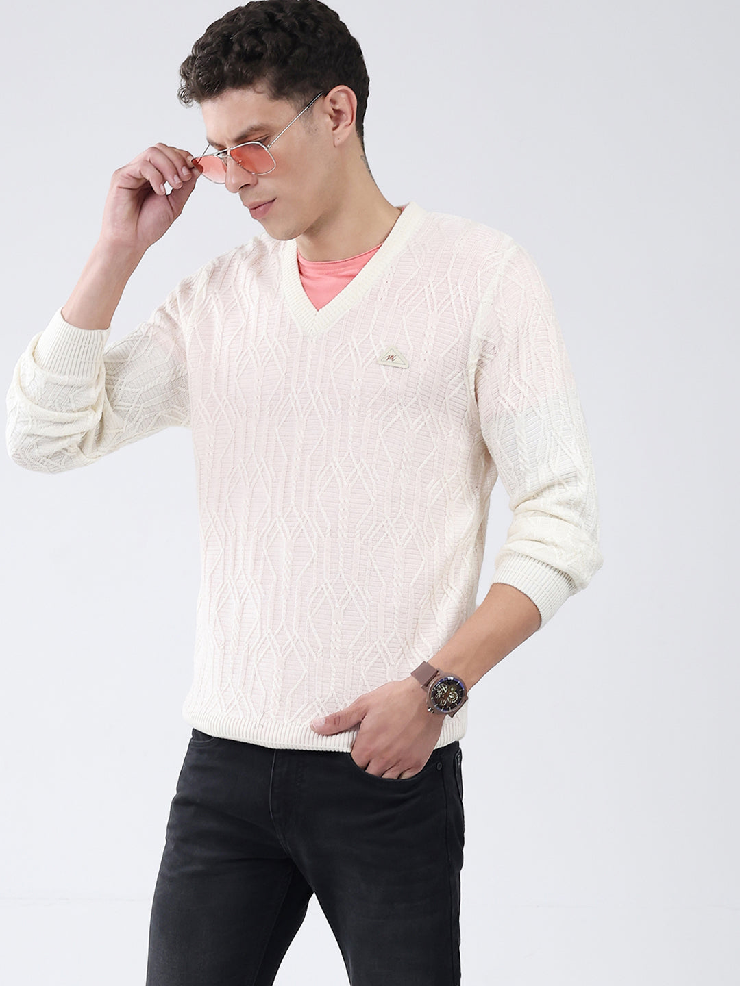 Men Off White Self Design V Neck Full Sleeve Pullover