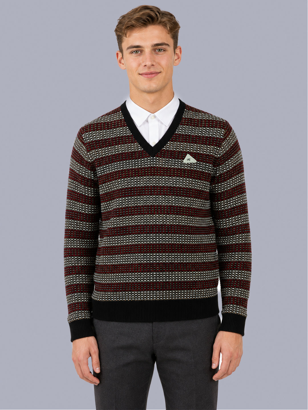 Men Black Jacquard V Neck Full Sleeve Pullover