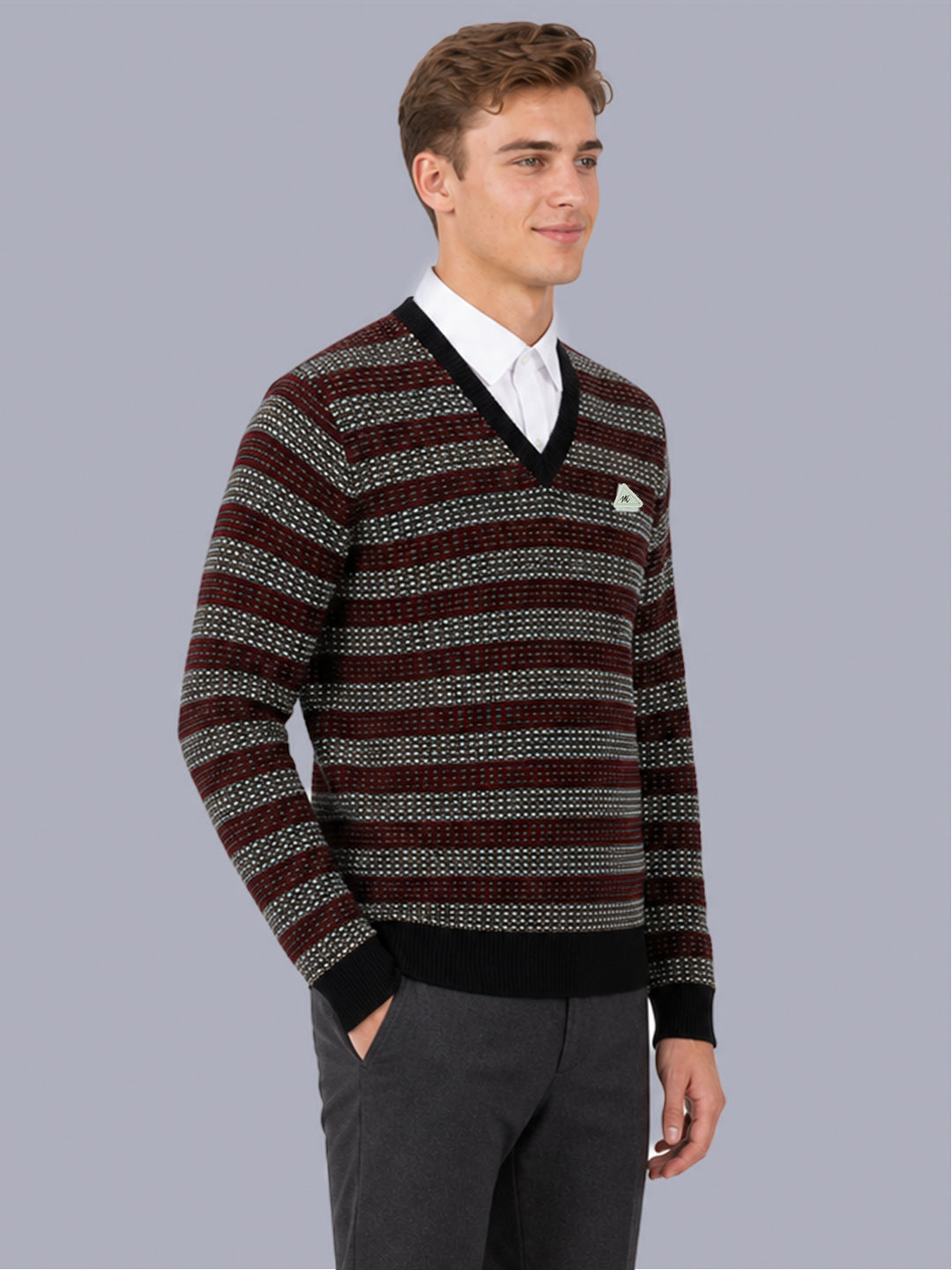 Men Black Jacquard V Neck Full Sleeve Pullover