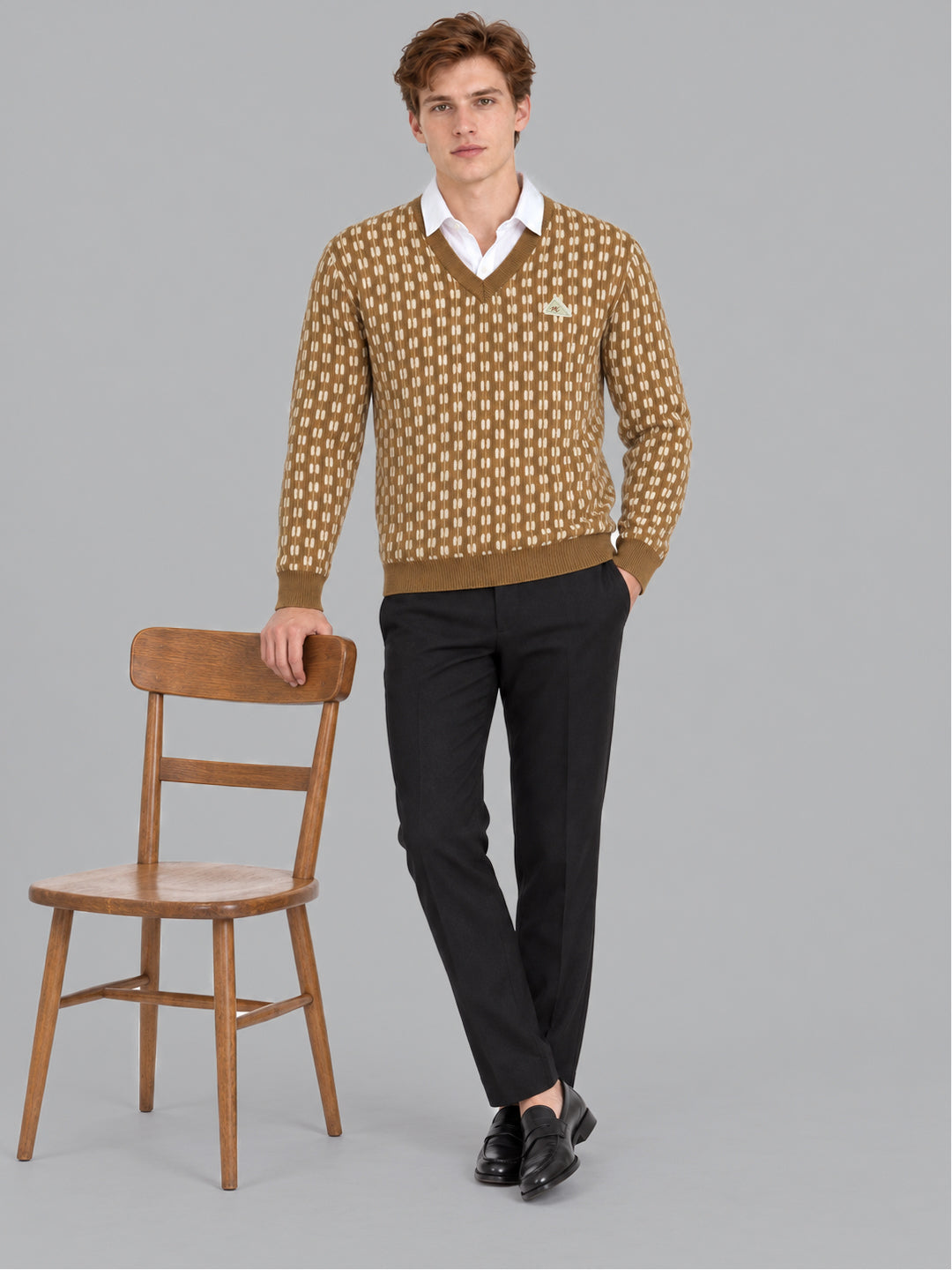 Men Camel Brown Designer V Neck Full Sleeve Pullover