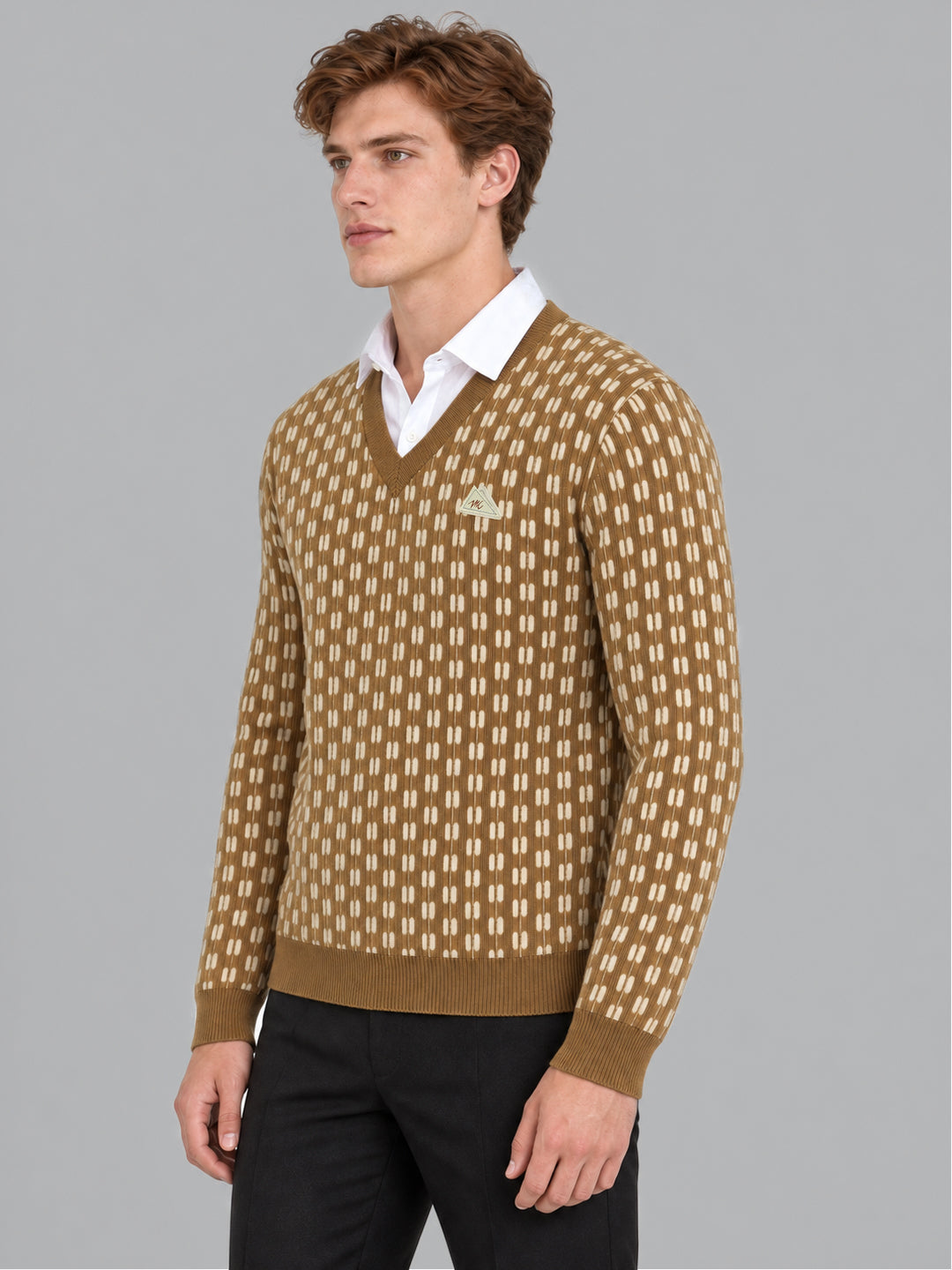 Men Camel Brown Designer V Neck Full Sleeve Pullover