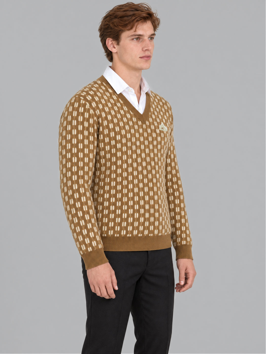 Men Camel Brown Designer V Neck Full Sleeve Pullover