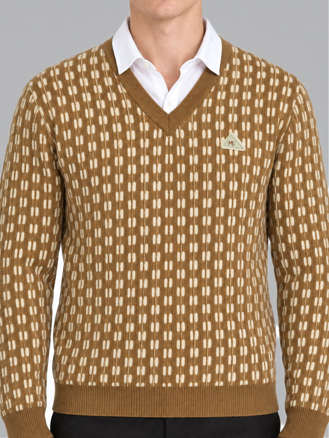 Men Camel Brown Designer V Neck Full Sleeve Pullover