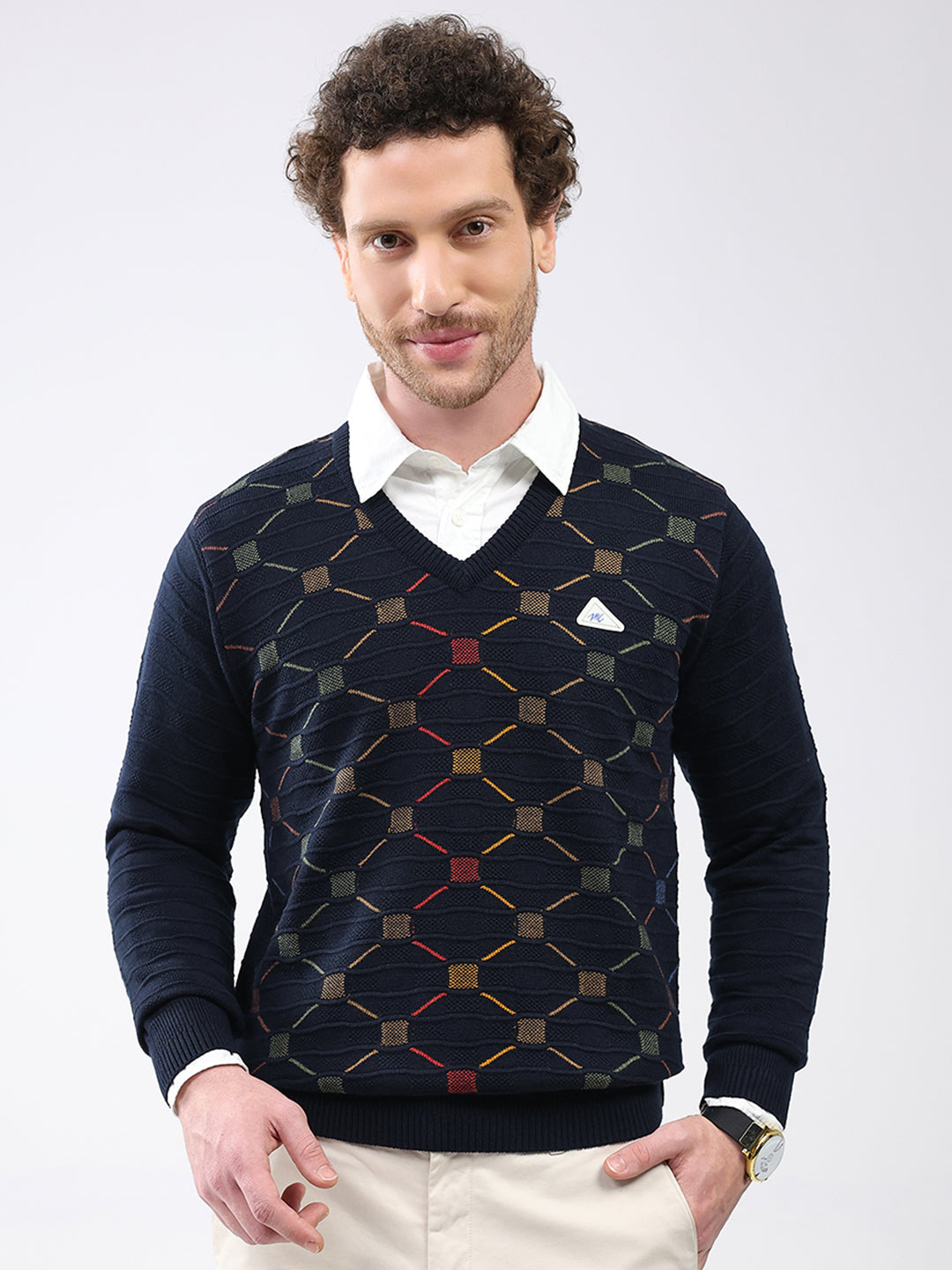 Men Navy Blue Self Design V Neck Full Sleeve Pullover