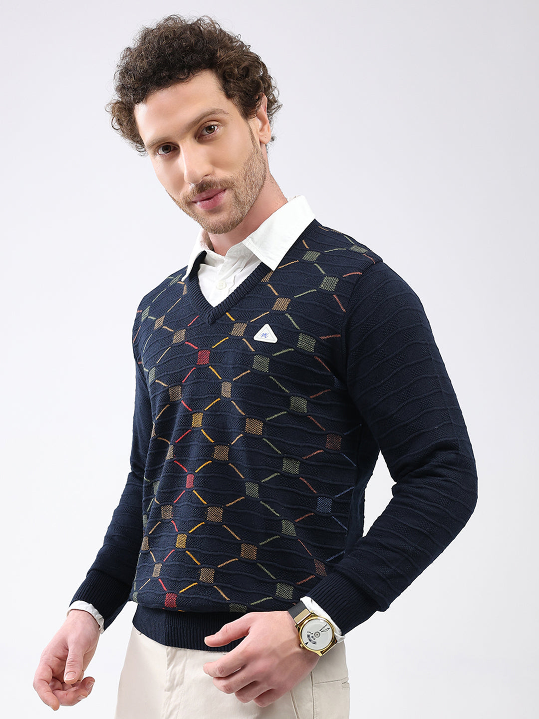 Men Navy Blue Self Design V Neck Full Sleeve Pullover