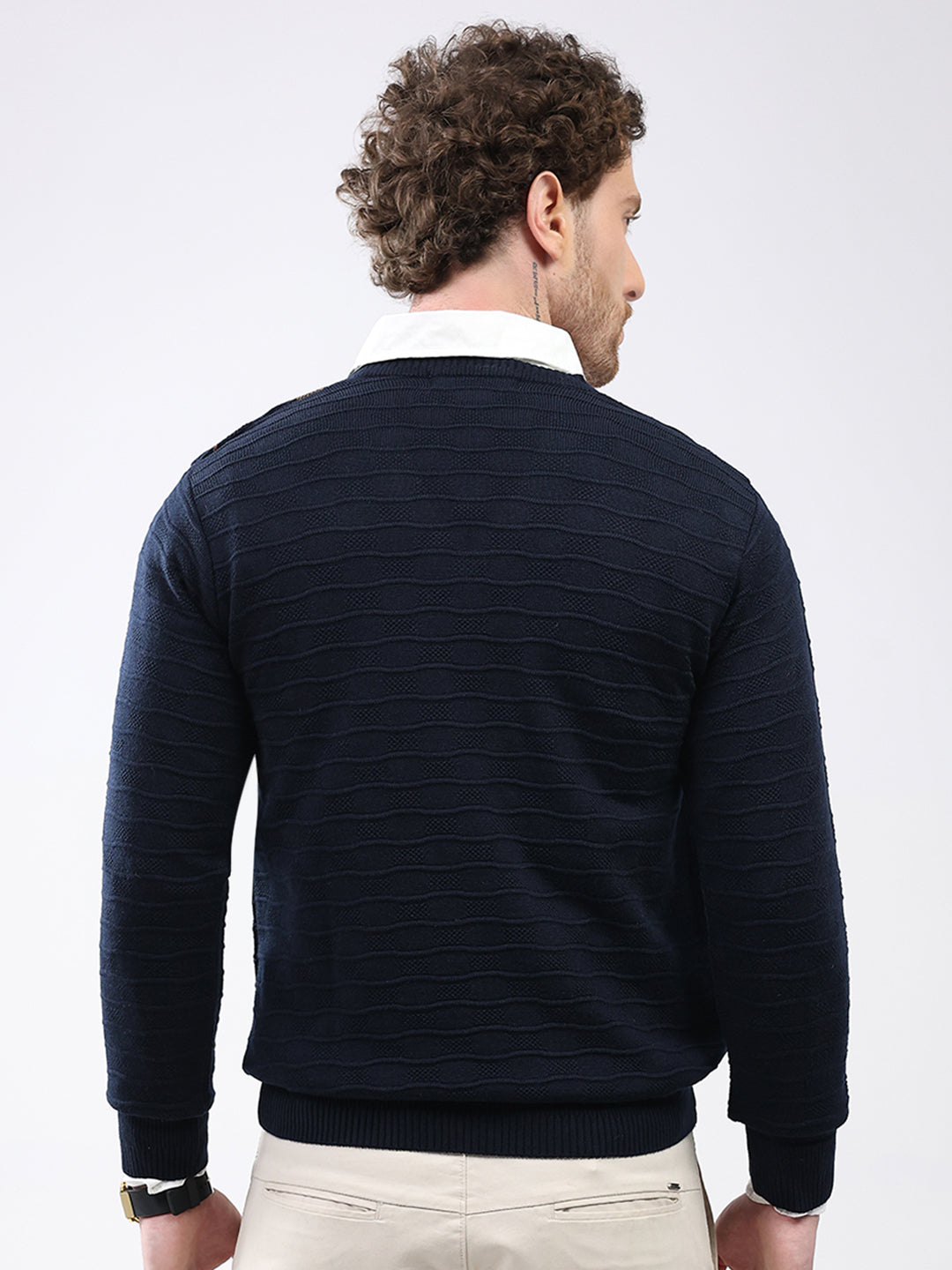 Men Navy Blue Self Design V Neck Full Sleeve Pullover