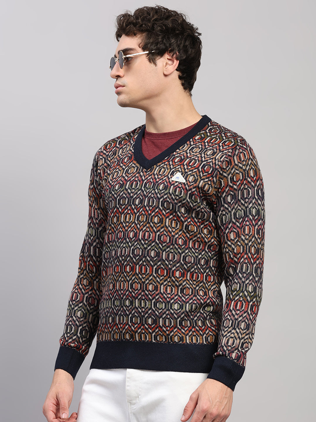 Men Navy Blue Printed V Neck Full Sleeve Pullover