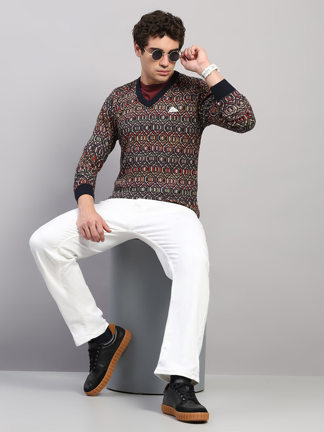 Men Navy Blue Printed V Neck Full Sleeve Pullover