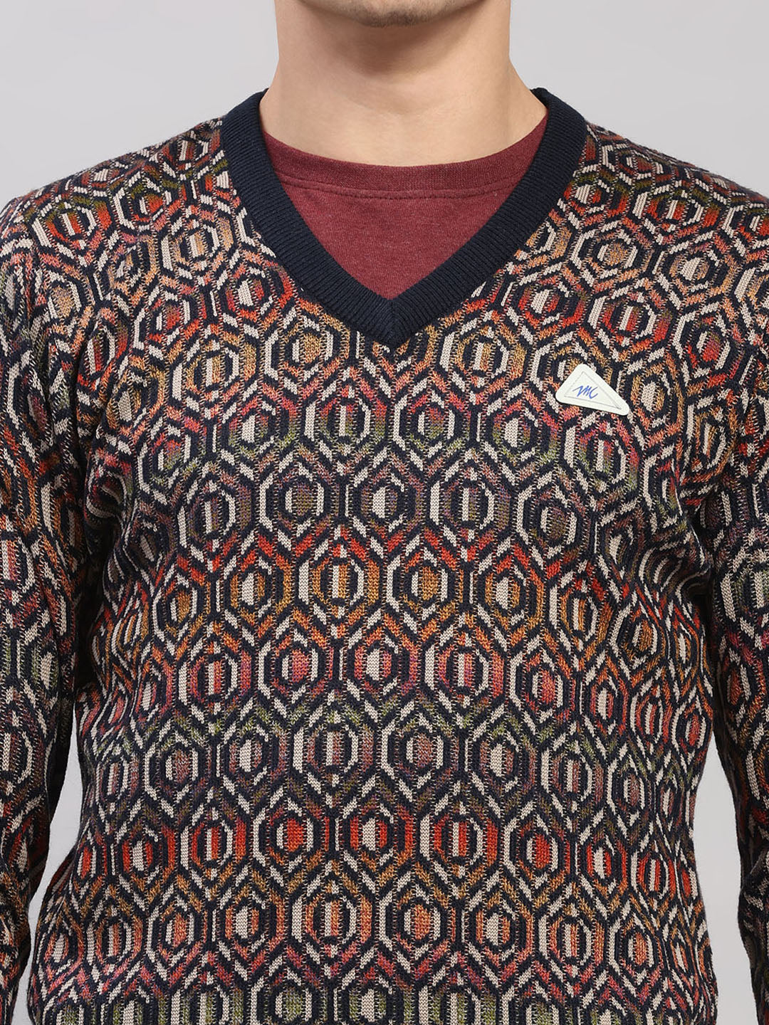 Men Navy Blue Printed V Neck Full Sleeve Pullover