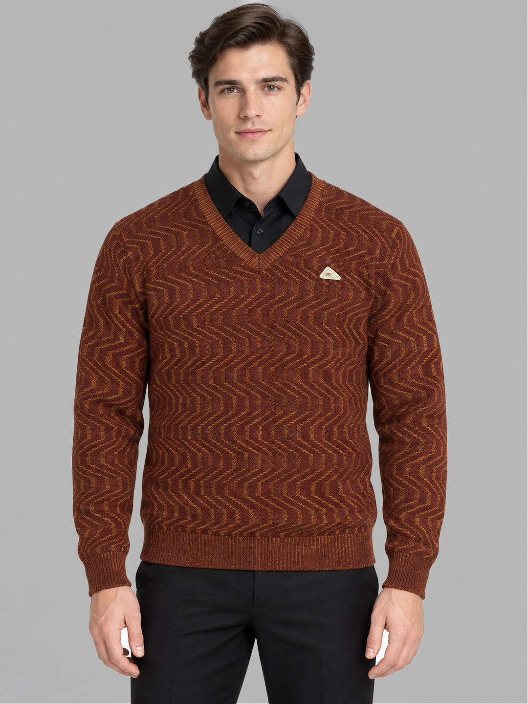 Men Rust Designer V Neck Full Sleeve Pullover