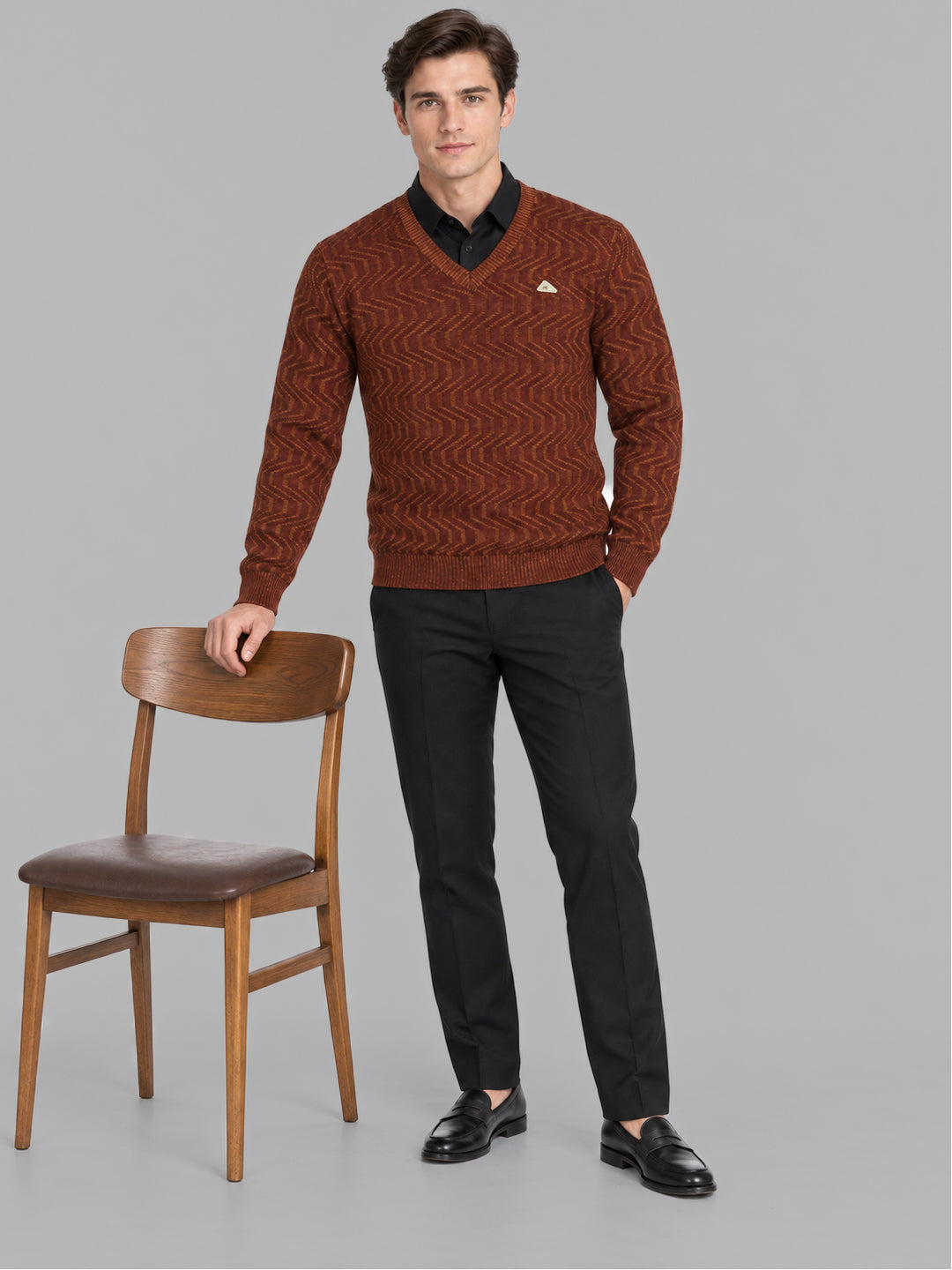 Men Rust Designer V Neck Full Sleeve Pullover