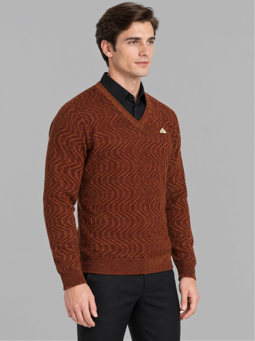 Men Rust Designer V Neck Full Sleeve Pullover